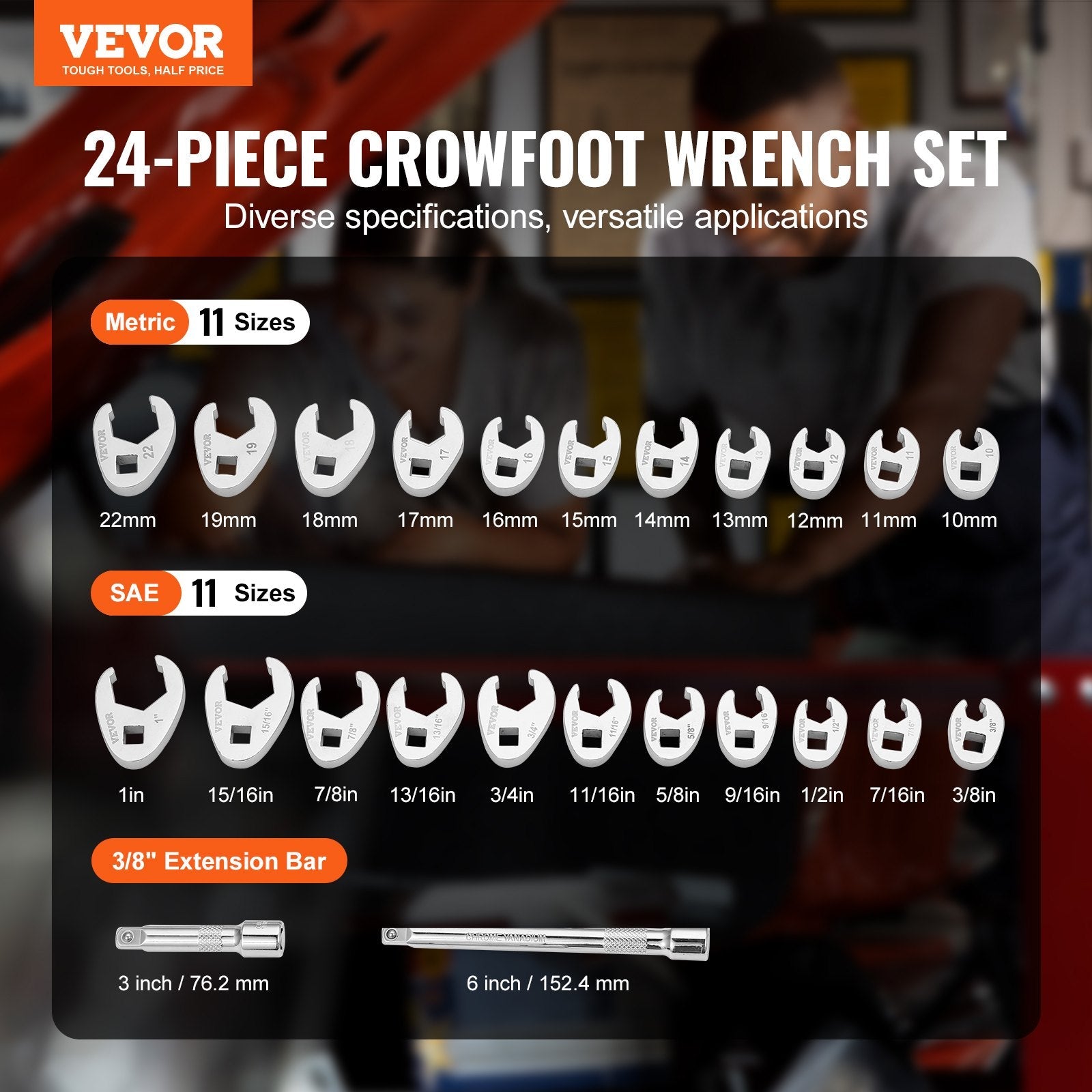 VEVOR 3/8" Drive Crowfoot Wrench Set with 2 Extension Bars, 24-Piece Crows Foot Wrench Set, SAE  3/8"-1" and Metric 10-22 mm, CR-MO Steel Crowfoot Wrench Set, with EVA Tool Organizer 