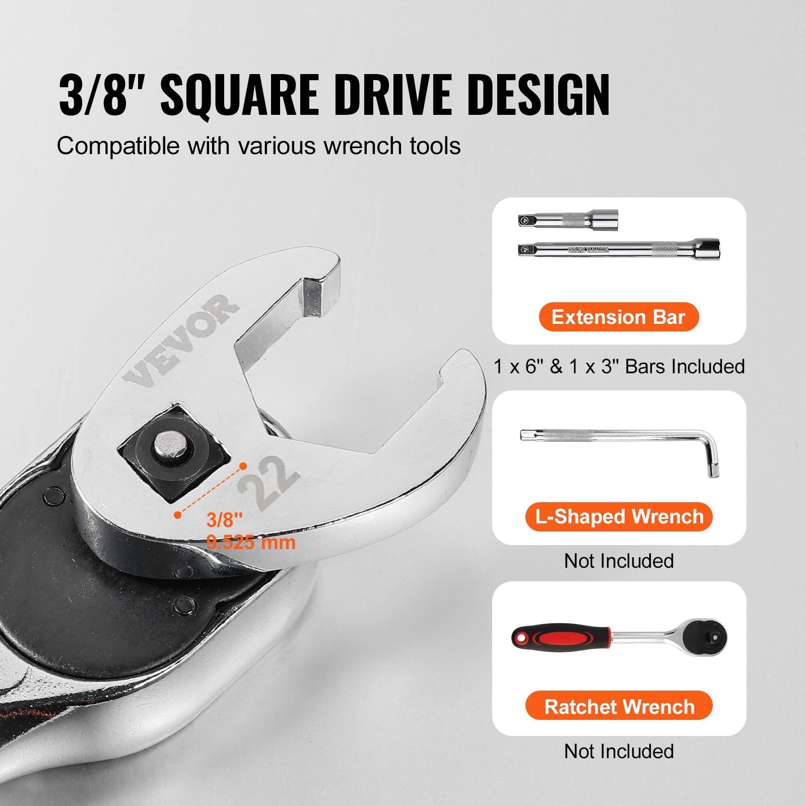 VEVOR 3/8" Drive Crowfoot Wrench Set with 2 Extension Bars, 24-Piece Crows Foot Wrench Set, SAE  3/8"-1" and Metric 10-22 mm, CR-MO Steel Crowfoot Wrench Set, with EVA Tool Organizer 