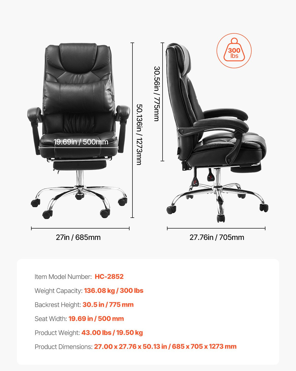 VEVOR Executive Chair High Back Office Chair with Footrest Lumbar Pillow Black 
