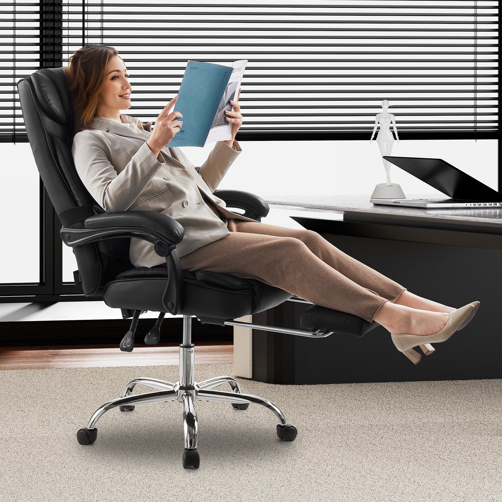 VEVOR Executive Chair High Back Office Chair with Footrest Lumbar Pillow Black 
