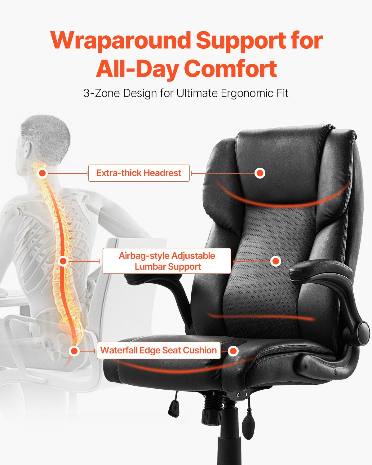 VEVOR Executive Chair High Back Desk Chair Flip-up Armrests Lumbar Support Black 