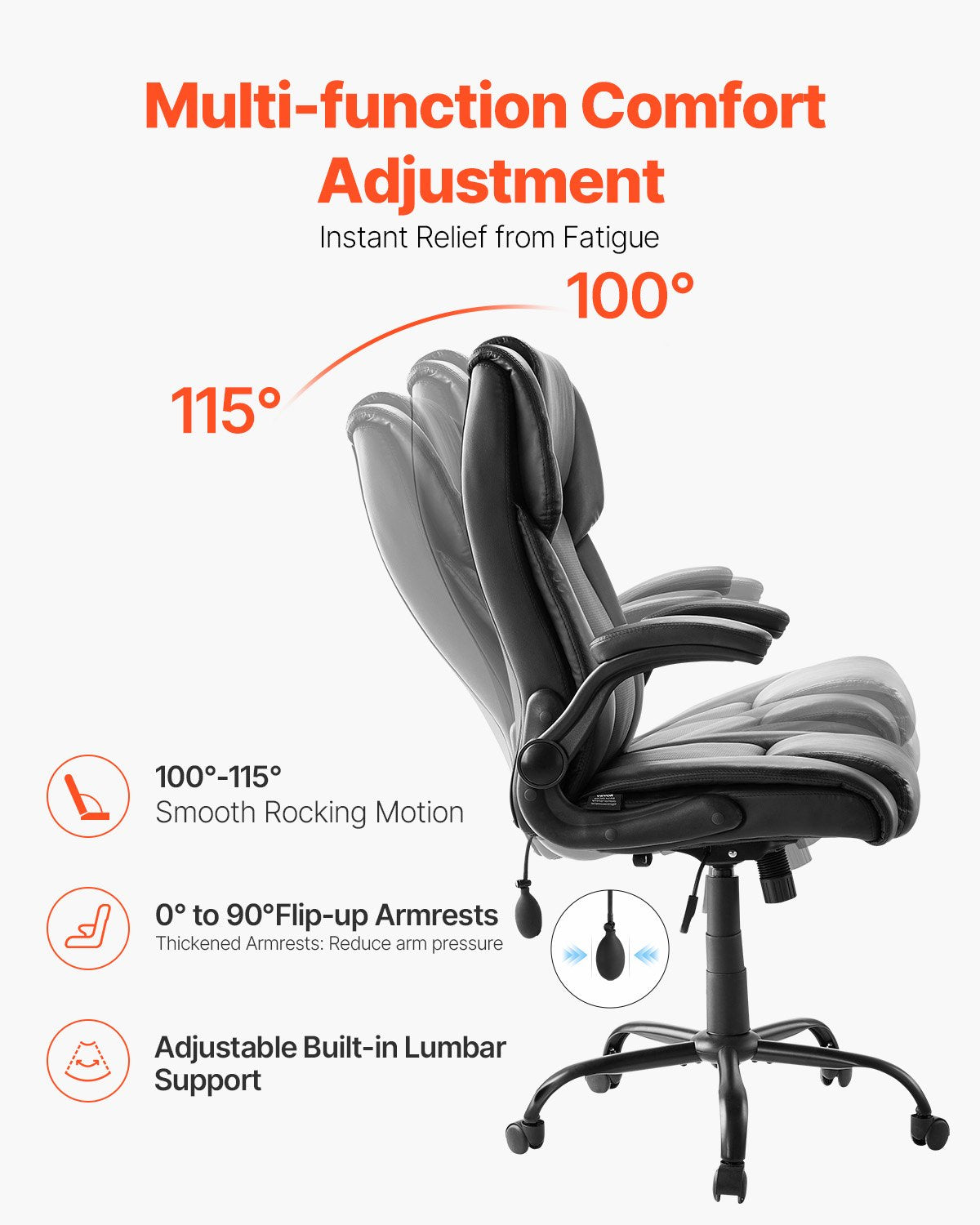 VEVOR Executive Chair High Back Desk Chair Flip-up Armrests Lumbar Support Black 