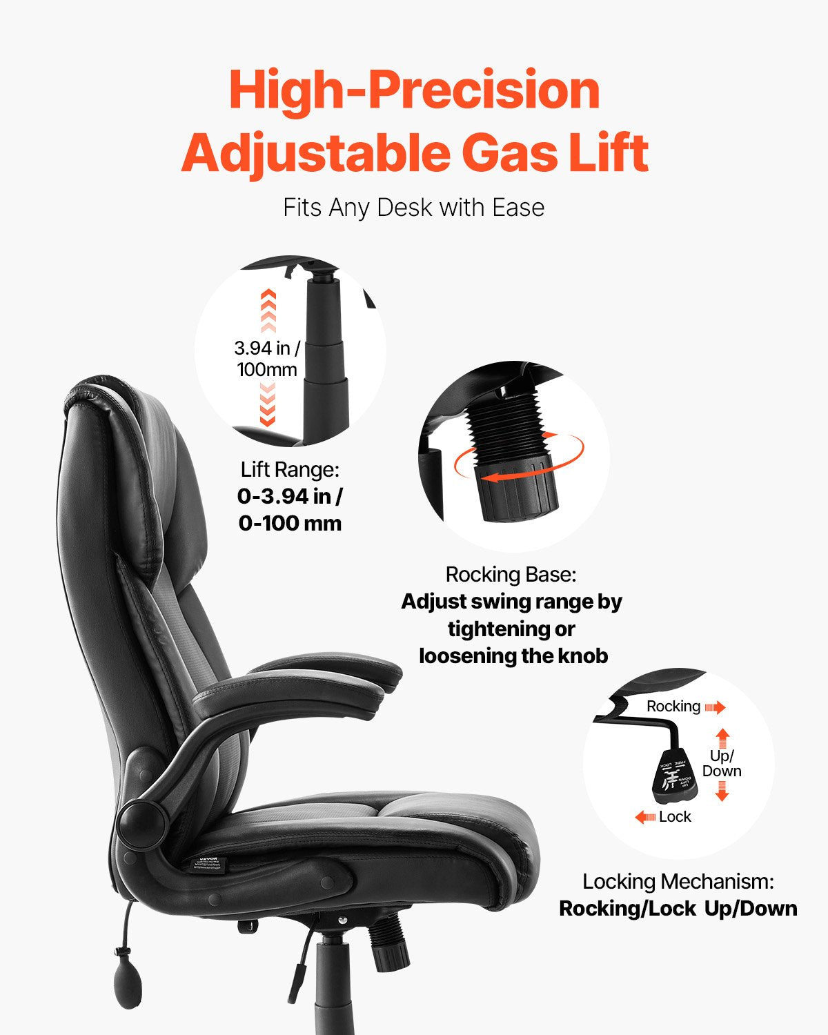 VEVOR Executive Chair High Back Desk Chair Flip-up Armrests Lumbar Support Black 