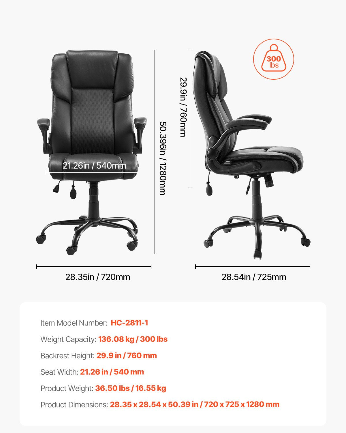 VEVOR Executive Chair High Back Desk Chair Flip-up Armrests Lumbar Support Black 