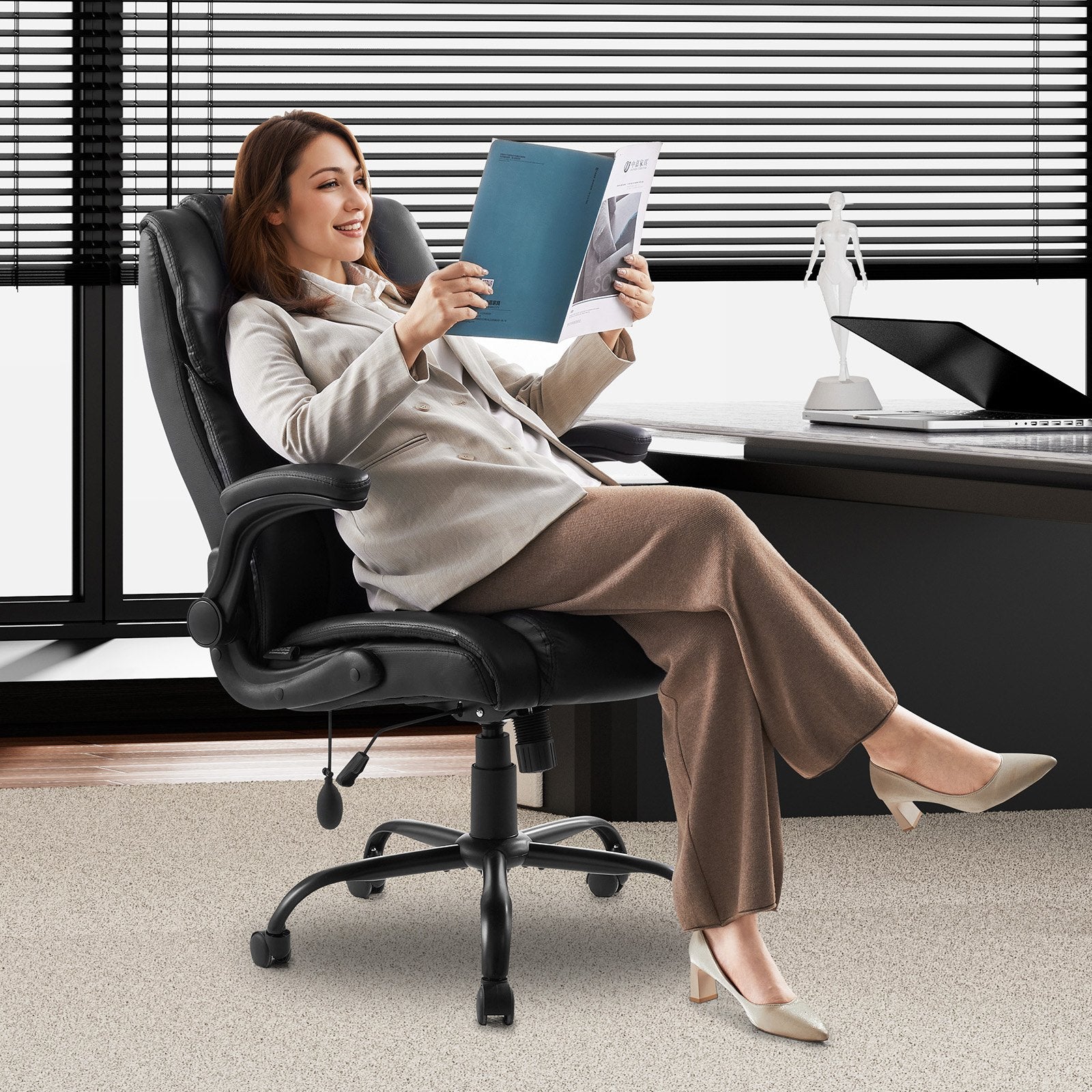 VEVOR Executive Chair High Back Desk Chair Flip-up Armrests Lumbar Support Black 