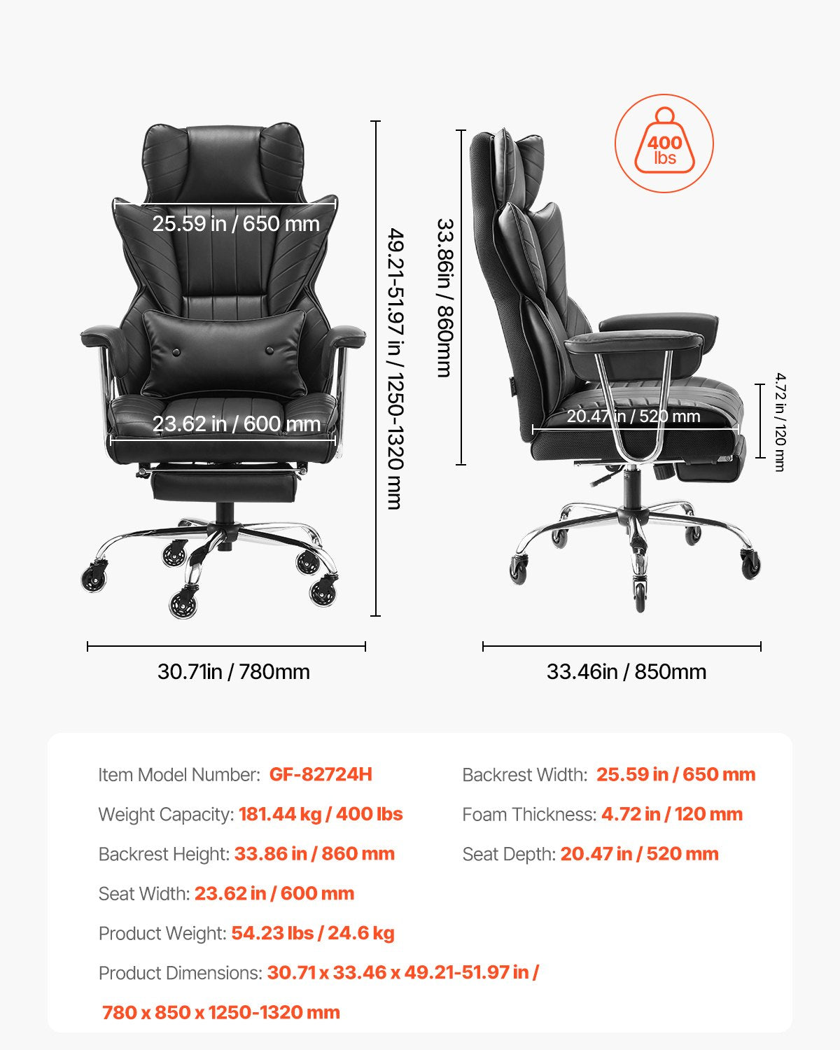 VEVOR Executive Office Chair High Back Chair Footrest & Removable Armrests Black 