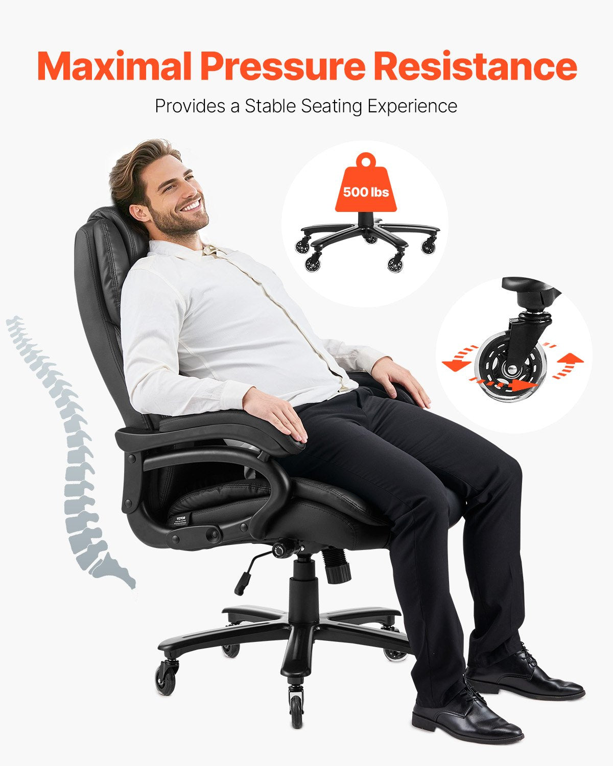 VEVOR Executive Chair High Back Office Chair Knob-Control Lumbar Support Black 