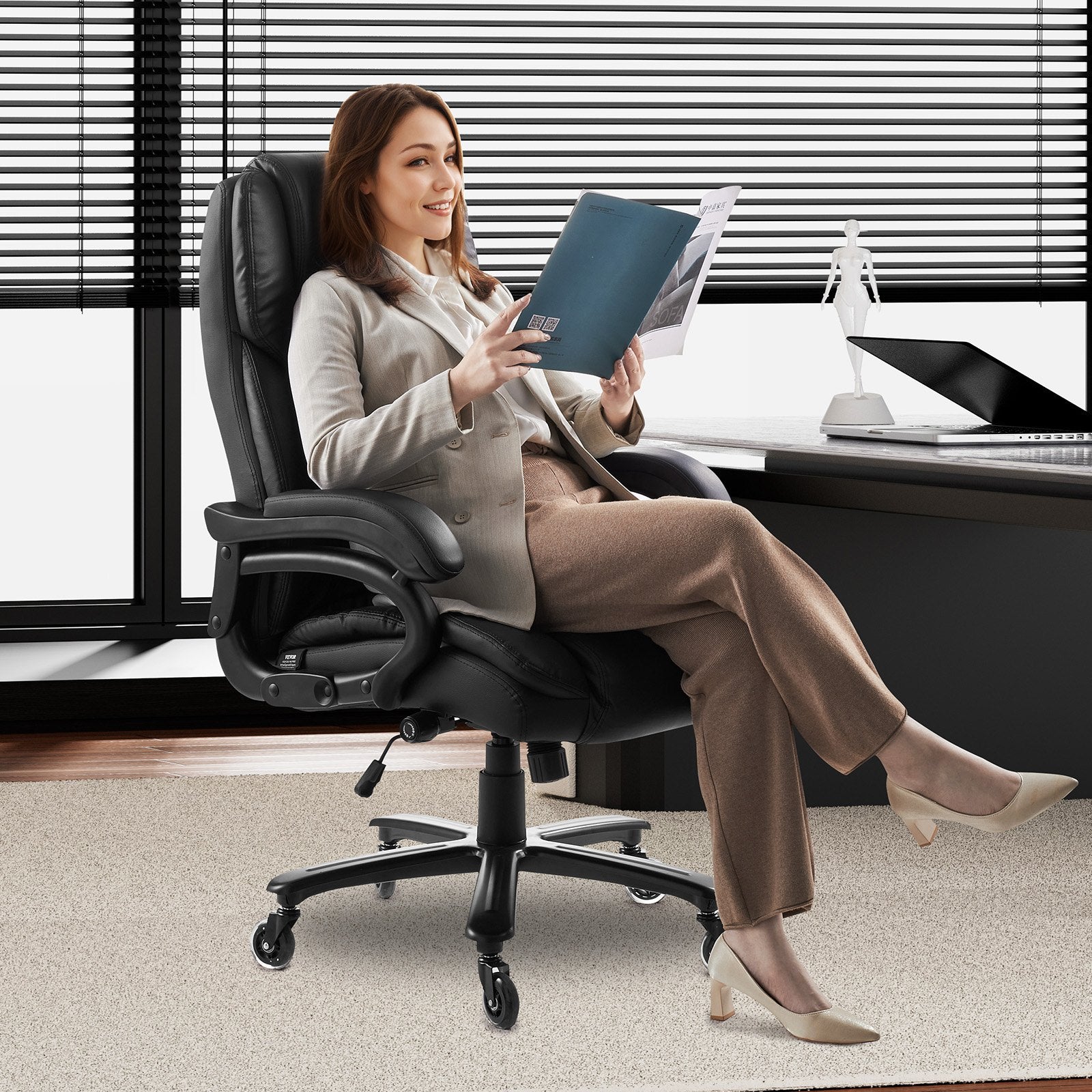 VEVOR Executive Chair High Back Office Chair Knob-Control Lumbar Support Black 