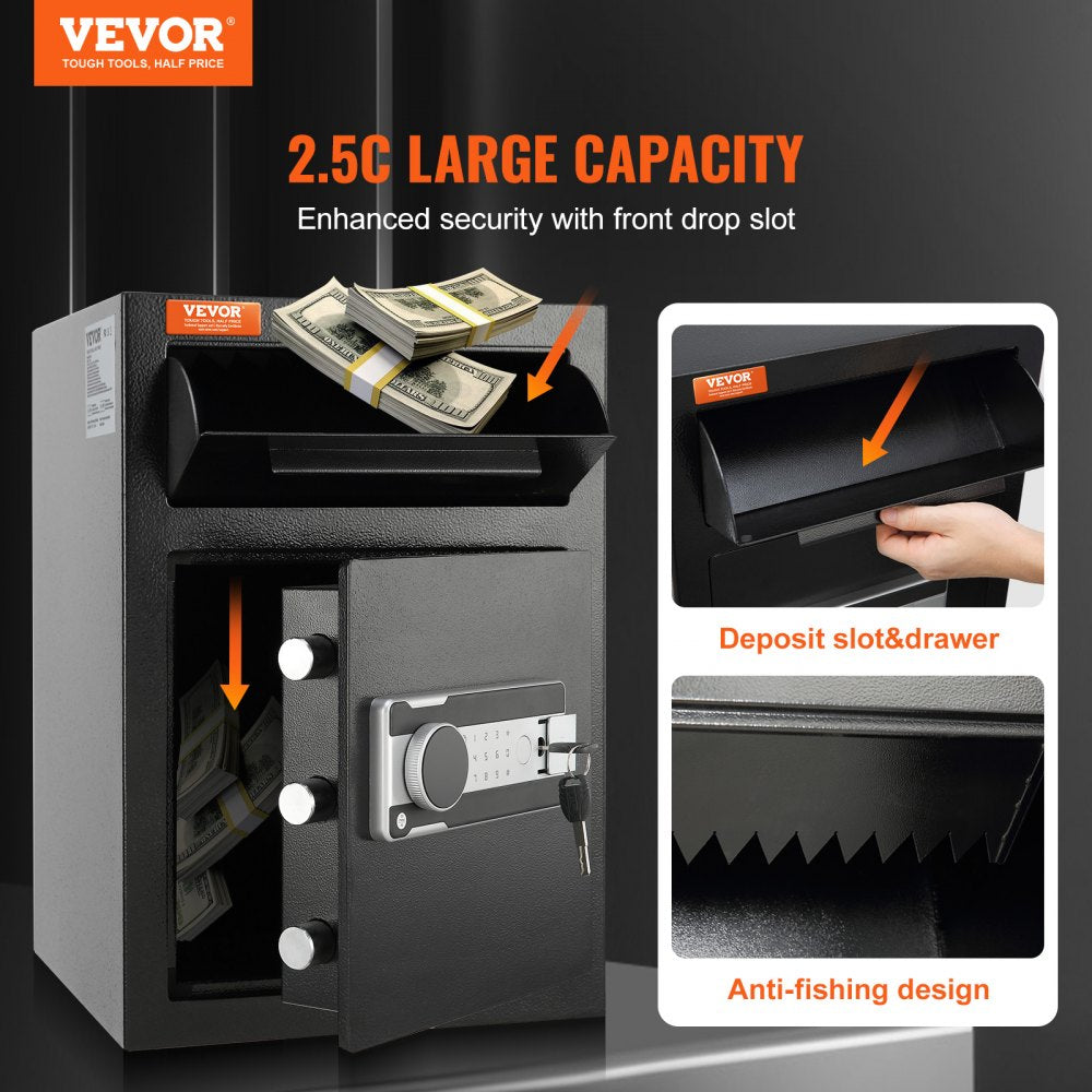 VEVOR 2.5 Cub Depository Safe, Deposit Safe with Drop Slot, Electronic Code Lock and 2 Emergency Keys, 20.27'' x 13.97'' x 13.97'' Business Drop Slot Safe for Cash, Mail in Home, Hotel, Office 