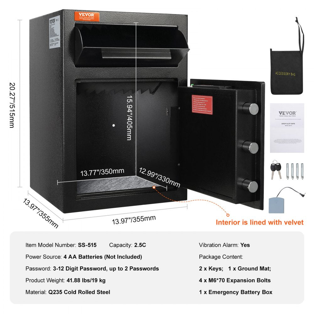 VEVOR 2.5 Cub Depository Safe, Deposit Safe with Drop Slot, Electronic Code Lock and 2 Emergency Keys, 20.27'' x 13.97'' x 13.97'' Business Drop Slot Safe for Cash, Mail in Home, Hotel, Office 