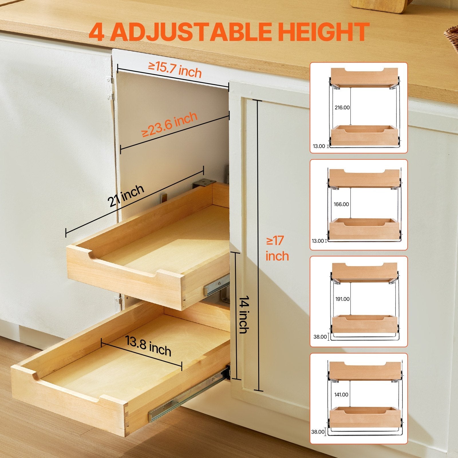 VEVOR 2Tier Pull Out Cabinet Organizer Soft Close Slideout Wood Drawer 14"W x 21"D 