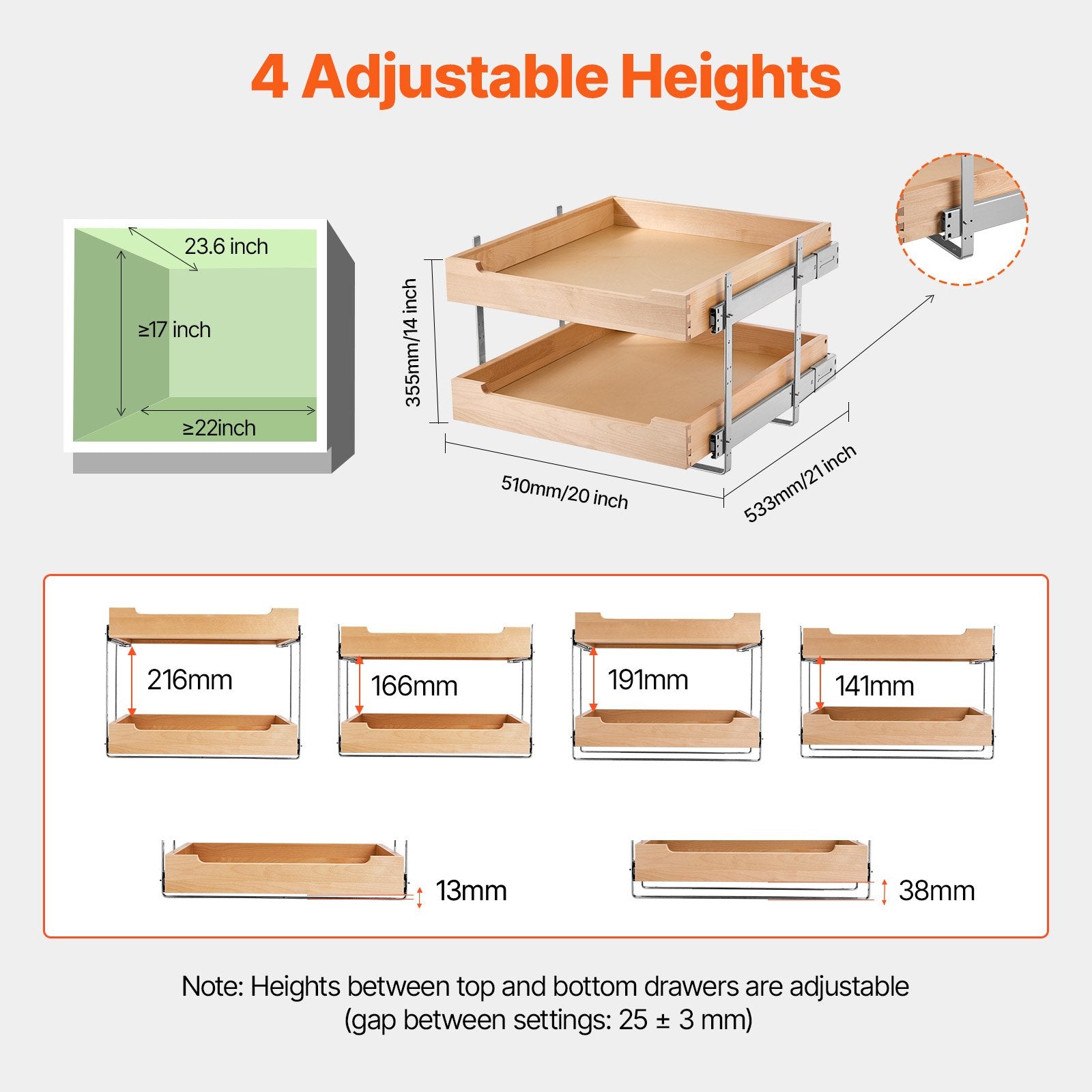 VEVOR 2Tier Pull Out Cabinet Organizer Soft Close Slideout Wood Drawer 17"W x 21"D 
