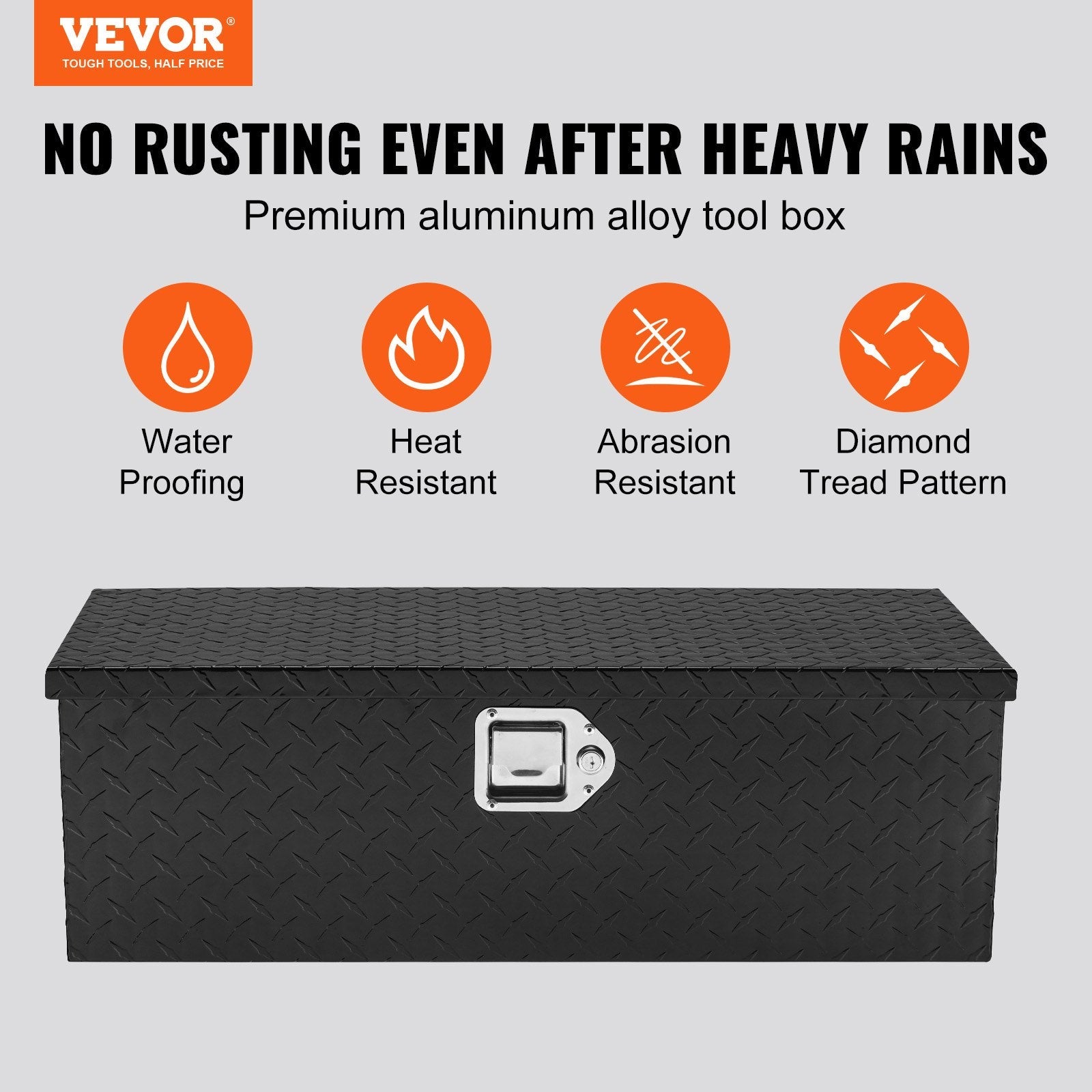 VEVOR Heavy Duty Aluminum Truck Bed Tool Box, Diamond Plate Tool Box with Side Handle and Lock Keys, Storage Tool Box Chest Box Organizer for Pickup, Truck Bed, RV, Trailer, 30"x13"x9.6", Black 
