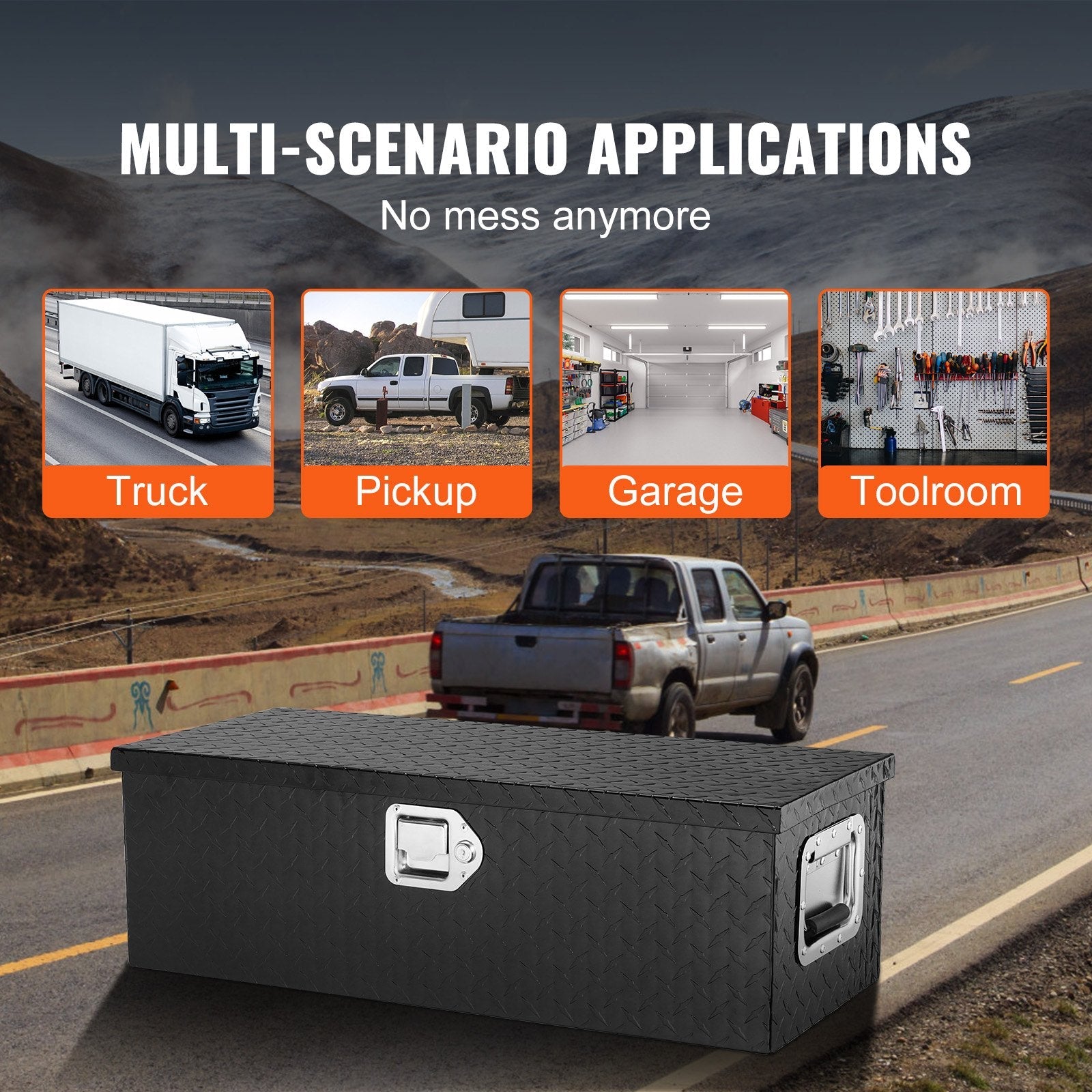 VEVOR Heavy Duty Aluminum Truck Bed Tool Box, Diamond Plate Tool Box with Side Handle and Lock Keys, Storage Tool Box Chest Box Organizer for Pickup, Truck Bed, RV, Trailer, 30"x13"x9.6", Black 