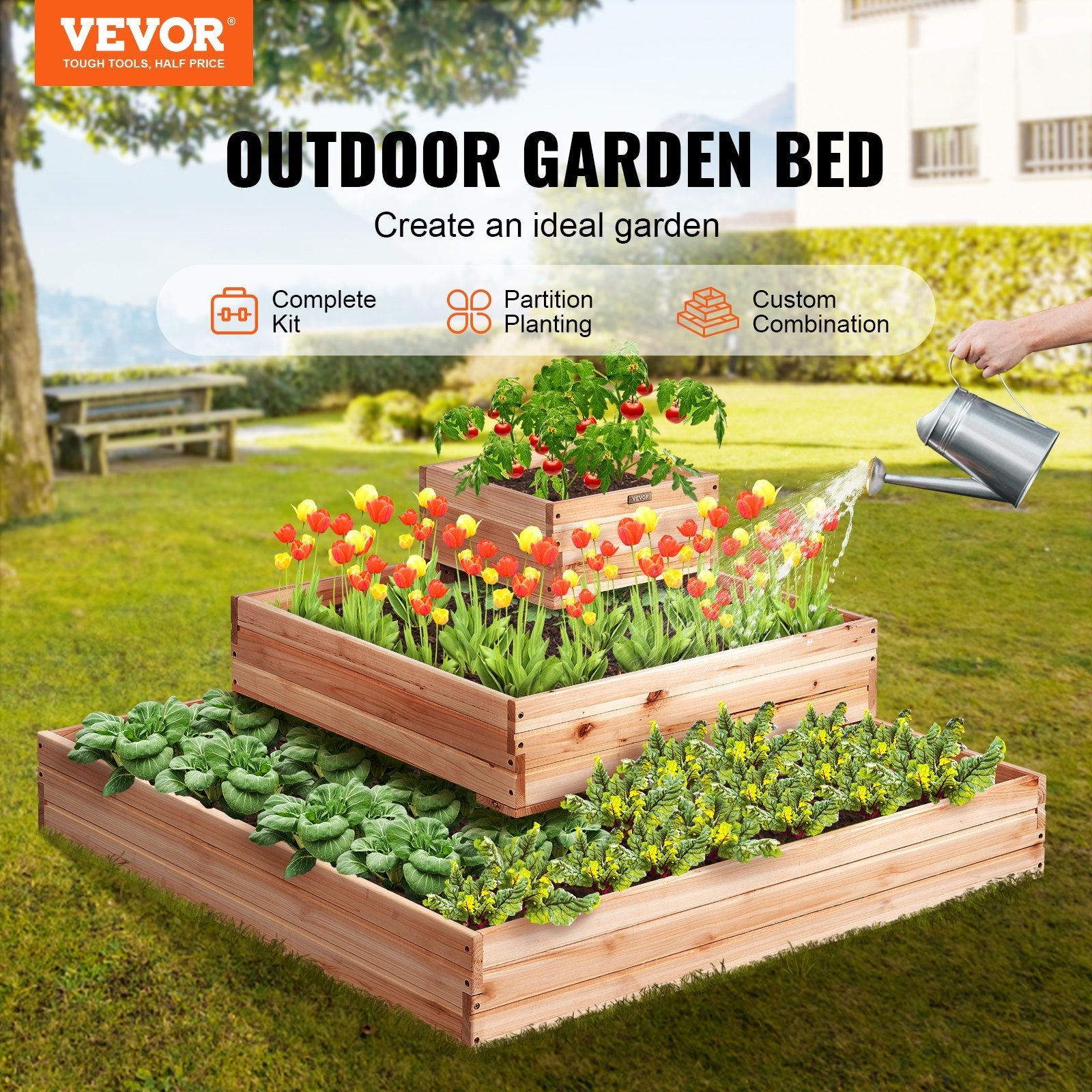 VEVOR Wooden Raised Garden Bed Planter Box 44.5x44.5x20.1" Flower Vegetable Herb 