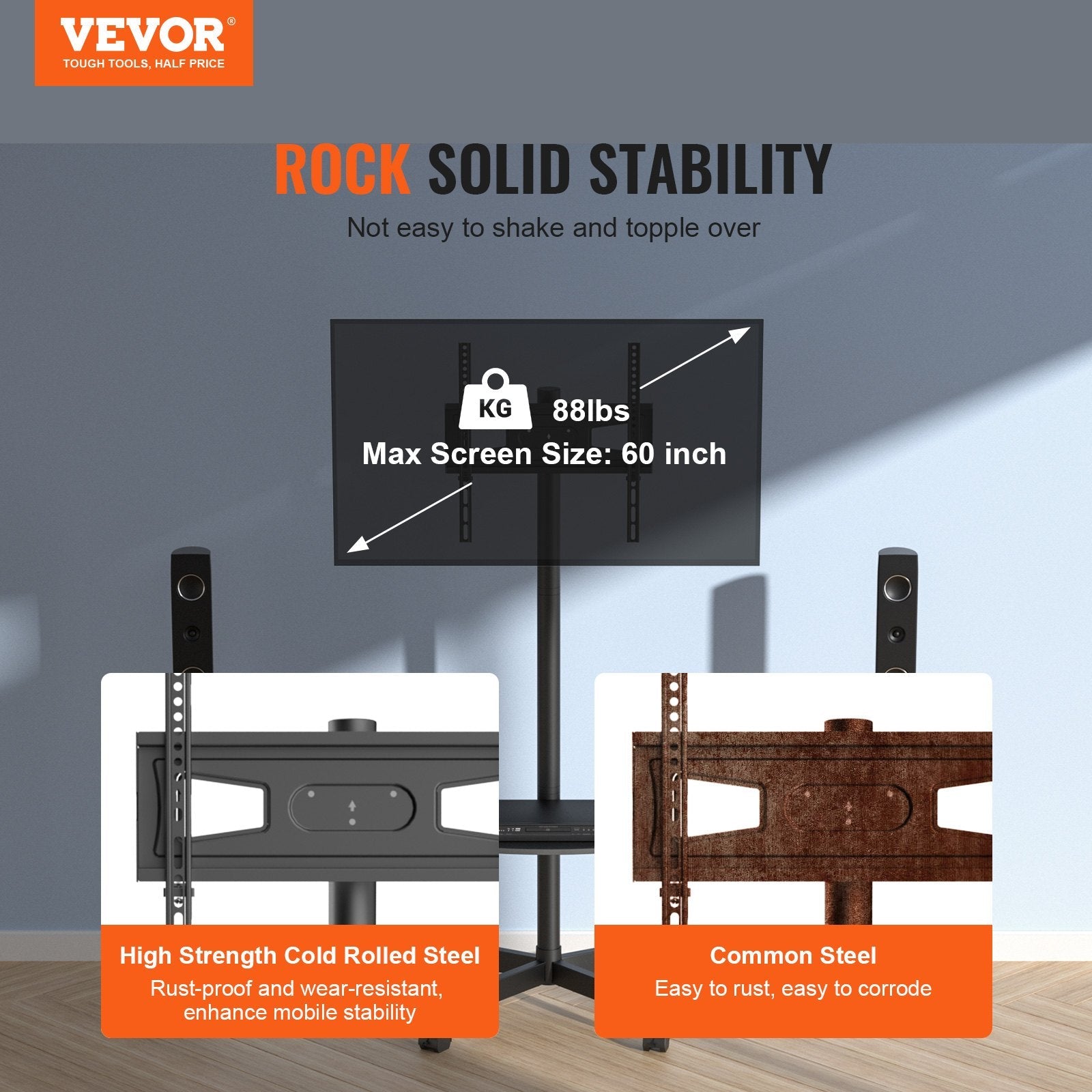 VEVOR Mobile TV Stand, Mobile TV Cart for 23 to 60 inch TVs, Height Adjustable Portable TV Stand with Wheels, with A Tray for Audio-Visual Devices, Rolling TV Stand with Mount for Bedroom, Living Room 