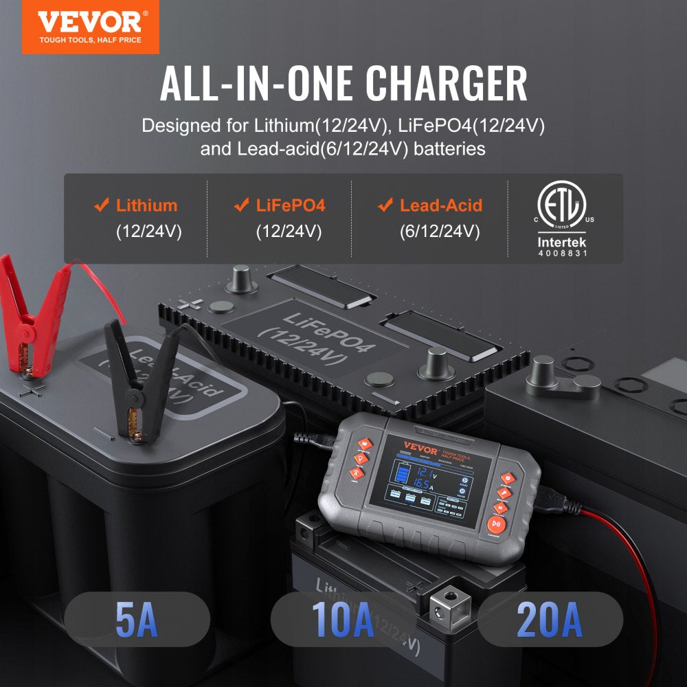 VEVOR Smart Battery Charger, 20-Amp, Lithium LiFePO4 Lead-Acid (AGM / Gel / SLA) Car Battery Charger with LCD Display, Trickle Charger Maintainer Desulfator for Boat Motorcycle Lawn Mower Deep Cycle 