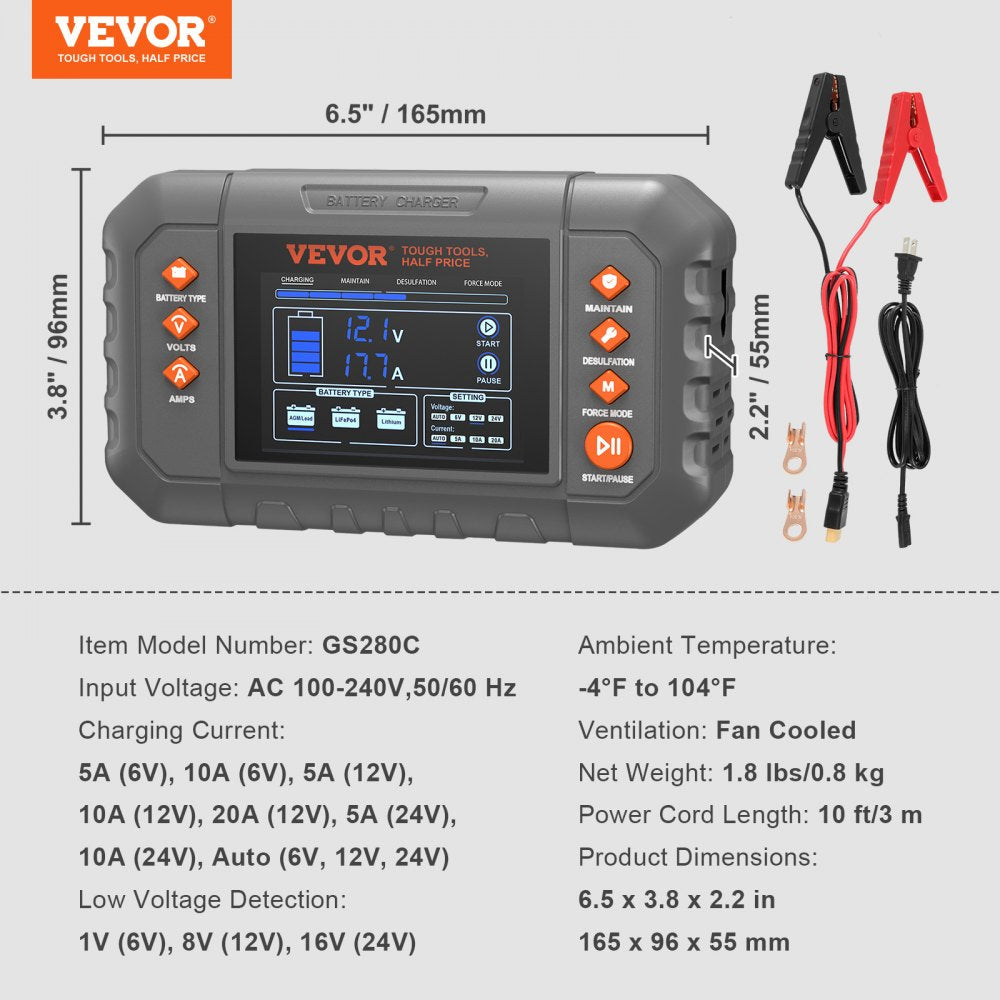 VEVOR Smart Battery Charger, 20-Amp, Lithium LiFePO4 Lead-Acid (AGM / Gel / SLA) Car Battery Charger with LCD Display, Trickle Charger Maintainer Desulfator for Boat Motorcycle Lawn Mower Deep Cycle 