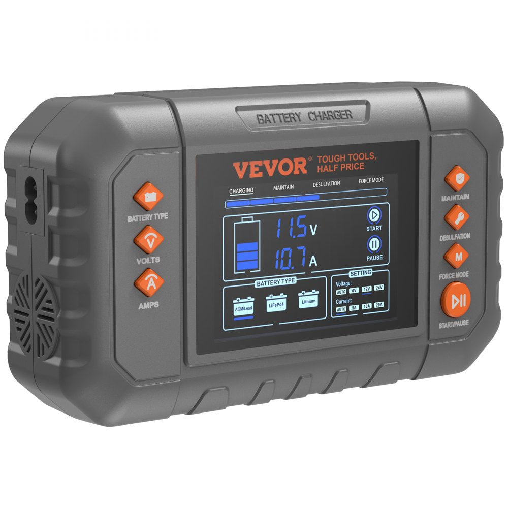 VEVOR Smart Battery Charger, 20-Amp, Lithium LiFePO4 Lead-Acid (AGM / Gel / SLA) Car Battery Charger with LCD Display, Trickle Charger Maintainer Desulfator for Boat Motorcycle Lawn Mower Deep Cycle 