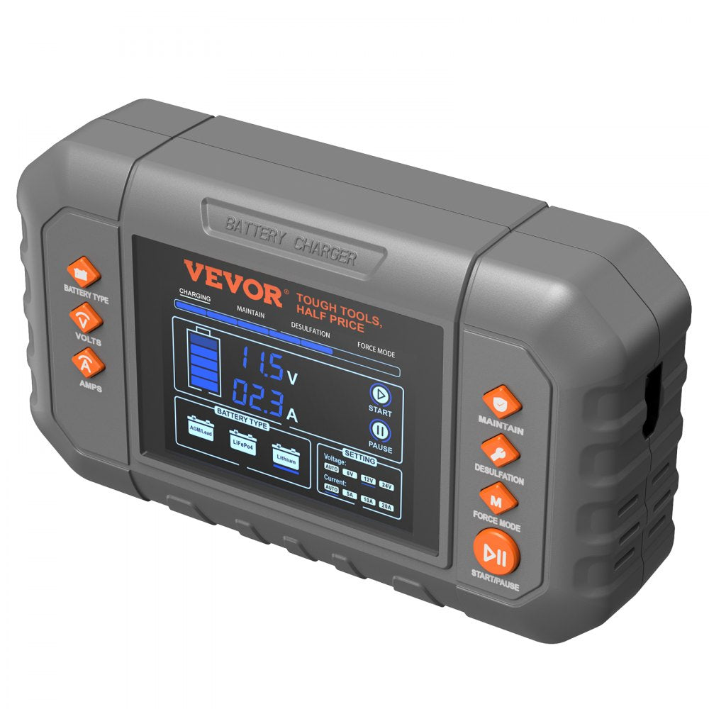VEVOR Smart Battery Charger, 20-Amp, Lithium LiFePO4 Lead-Acid (AGM / Gel / SLA) Car Battery Charger with LCD Display, Trickle Charger Maintainer Desulfator for Boat Motorcycle Lawn Mower Deep Cycle 