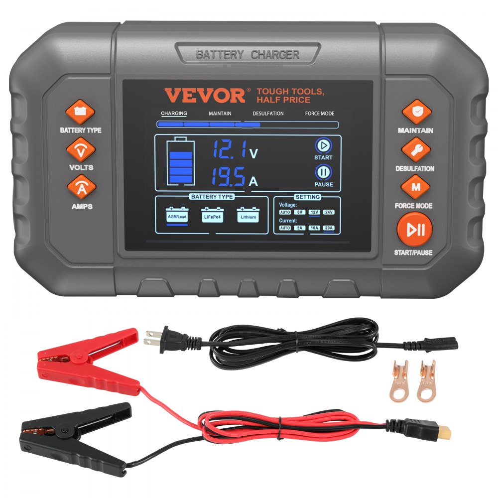 VEVOR Smart Battery Charger, 20-Amp, Lithium LiFePO4 Lead-Acid (AGM / Gel / SLA) Car Battery Charger with LCD Display, Trickle Charger Maintainer Desulfator for Boat Motorcycle Lawn Mower Deep Cycle 