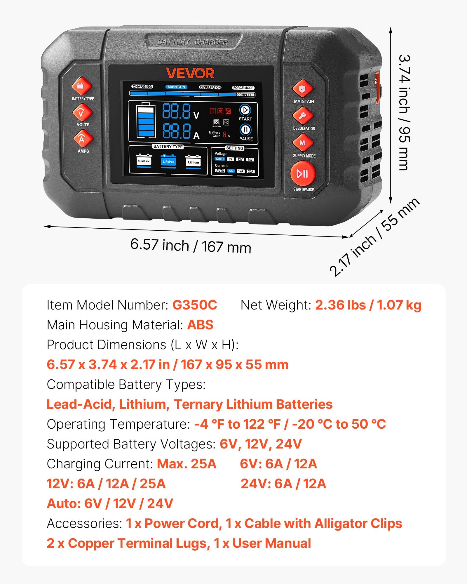 25A Smart Battery Charger – 6V/12V/24V LiFePO4, Lithium & Lead-Acid Batteries