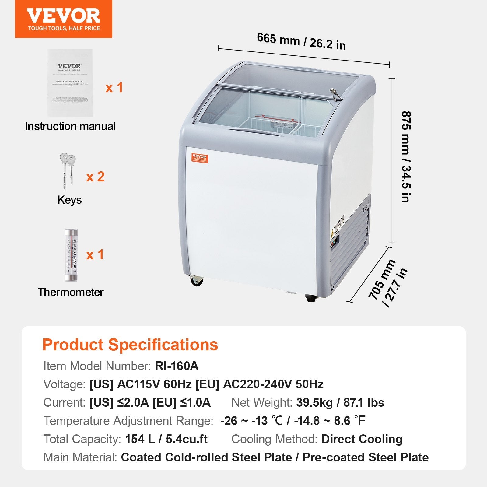 VEVOR 5.4 Cu.ft Commercial Ice Cream Display Case Gelato Dipping Freezer Cabinet 