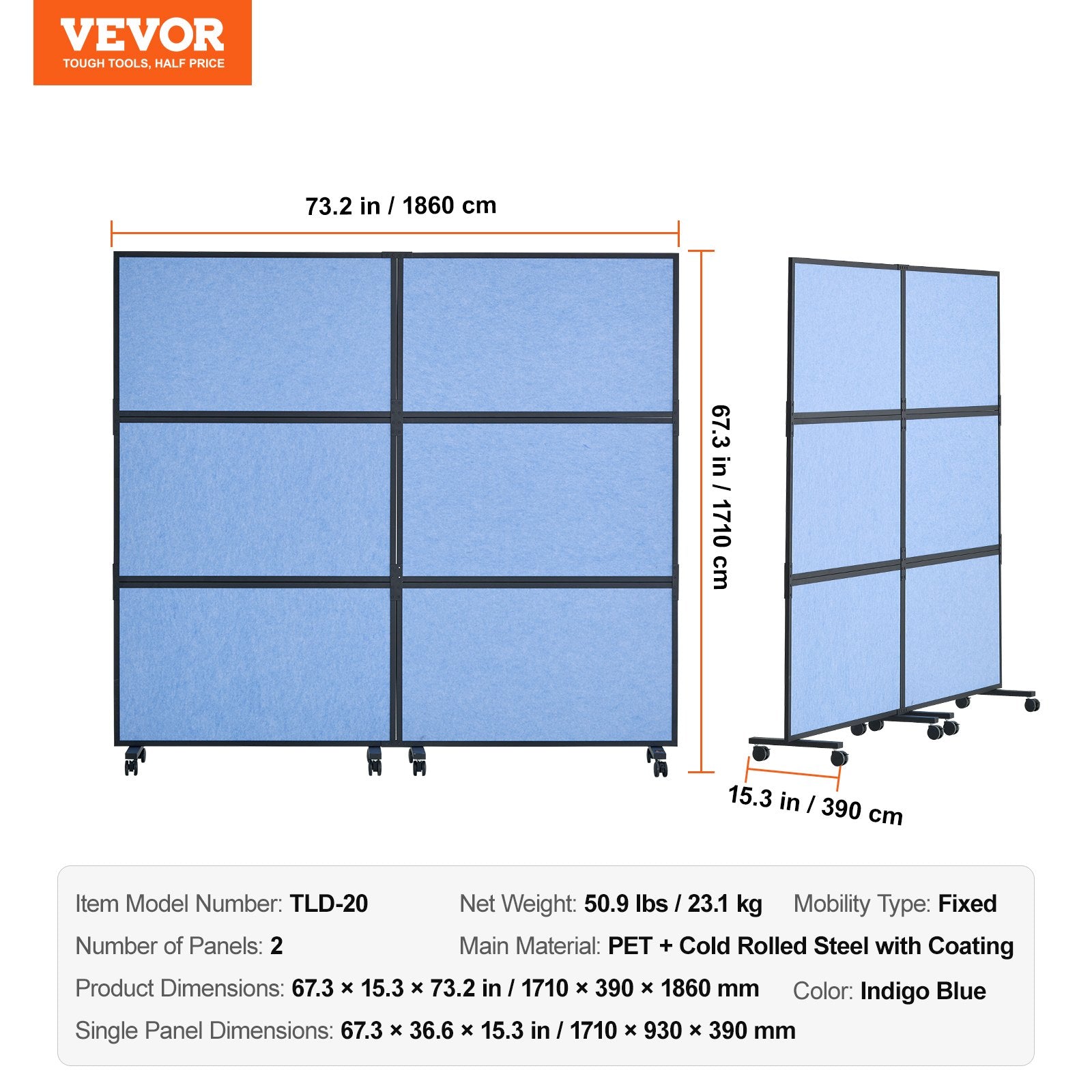 VEVOR Acoustic Room Divider Partition Panel Privacy Screen 2 Pack Indigo Blue 