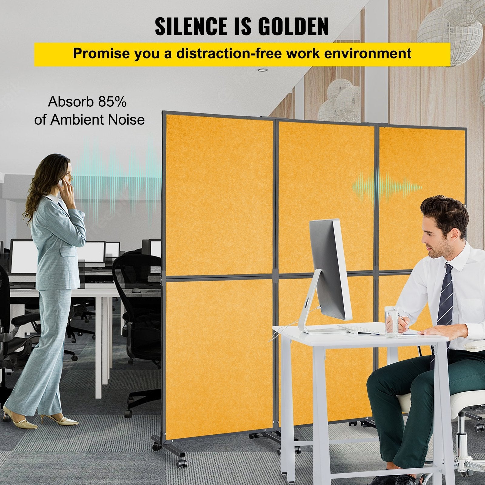 VEVOR Acoustic Room Divider 72"x66" Office Partition Panel 3 Pack Office Divider Wall Orange Color Office Dividers Partition Wall Polyester & 45 Steel Cubicle Wall Reduce Noise and Visual Distractions 