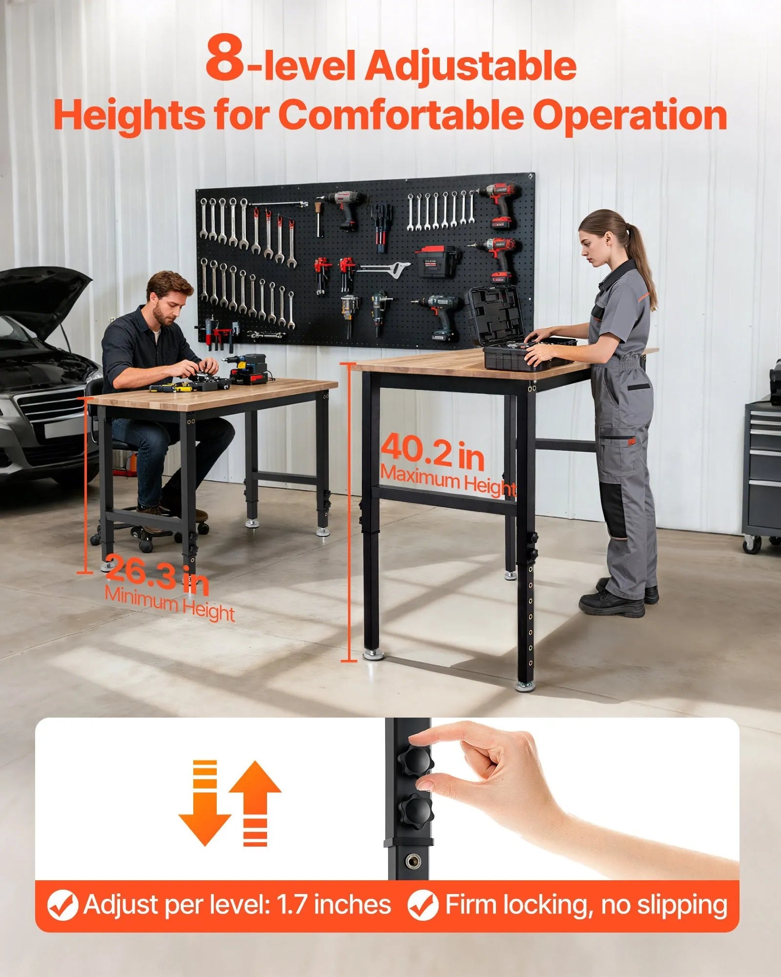 VEVOR Adjustable Workbench, 1500 lbs Capacity, 48 x 24 Inch Oak Wood Top Workbench with 26.3-40.2 Inch Height Adjustment, Heavy-Duty Hardwood Worktable for Garage, Workshop, Home, Office, Commercial 