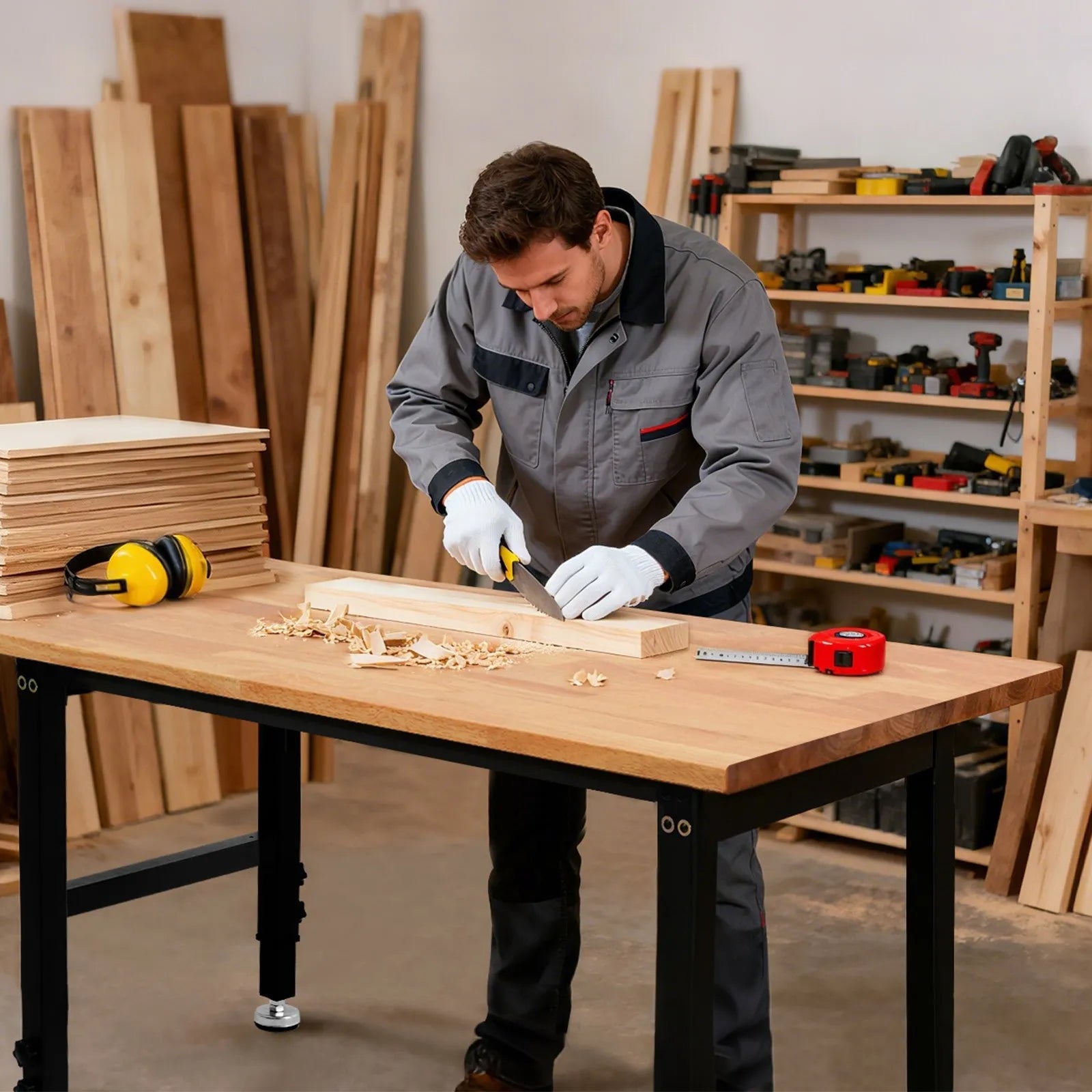 VEVOR Adjustable Workbench, 1500 lbs Capacity, 48 x 24 Inch Oak Wood Top Workbench with 26.3-40.2 Inch Height Adjustment, Heavy-Duty Hardwood Worktable for Garage, Workshop, Home, Office, Commercial 