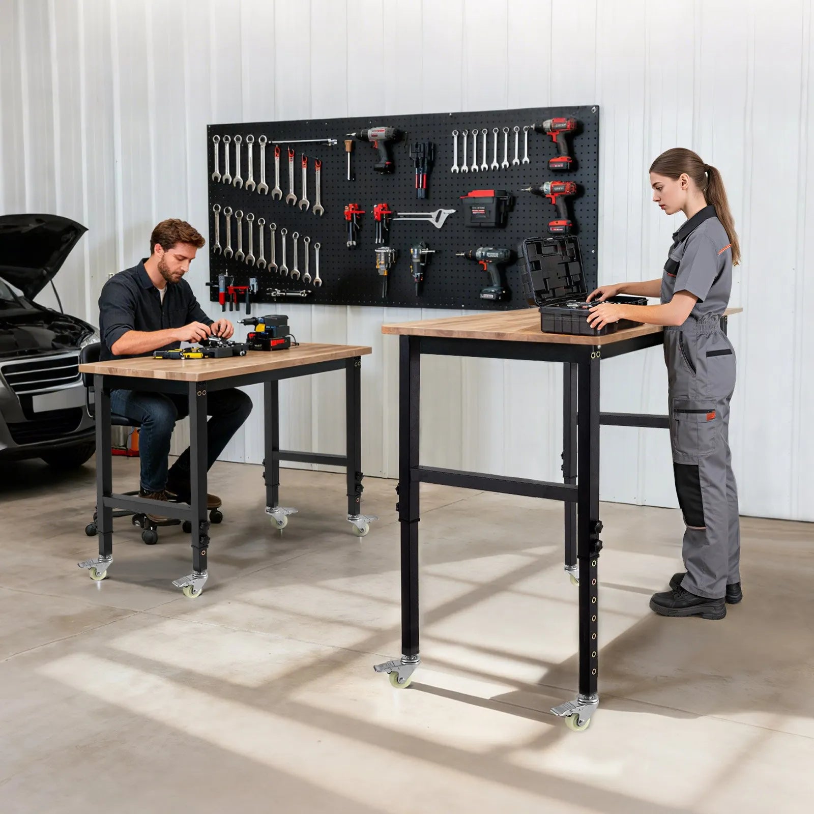 VEVOR Adjustable Workbench on Wheels, 1500 lbs Capacity, 48 x 24 Inch Oak Wood Top Workbench with 28.5-42.3 Inch Height Adjustment, Heavy-Duty Hardwood Worktable for Garage, Workshop, Home, Office 