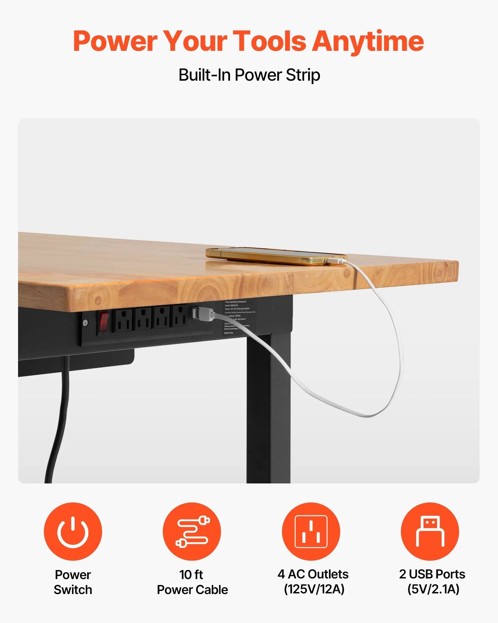 VEVOR Adjustable Workbench on Wheels, 2000 lbs Capacity, 60 x 24 Inch Oak Wood Top Workbench with Drawer & Power Outlets, Heavy-Duty Hardwood Worktable for Garage, Workshop, Home, Office, Commercial 