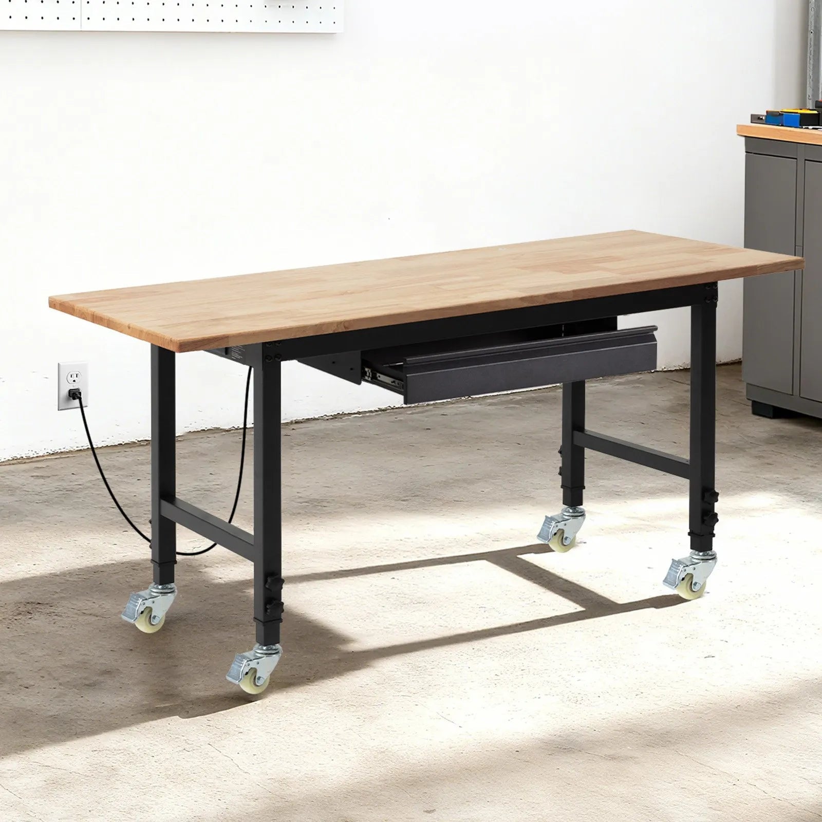 VEVOR Adjustable Workbench on Wheels, 2000 lbs Capacity, 60 x 24 Inch Oak Wood Top Workbench with Drawer & Power Outlets, Heavy-Duty Hardwood Worktable for Garage, Workshop, Home, Office, Commercial 