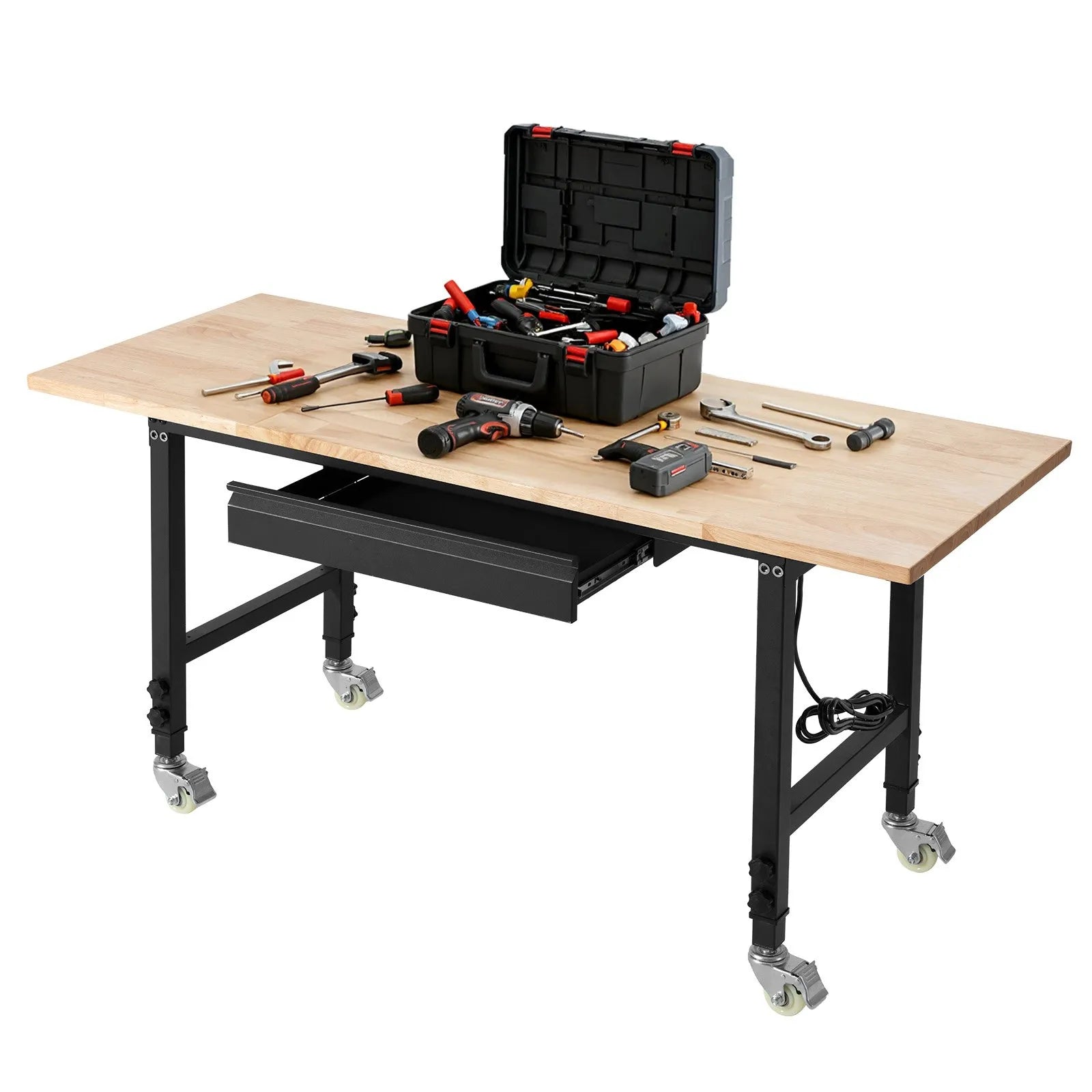 VEVOR Adjustable Workbench on Wheels, 2000 lbs Capacity, 60 x 24 Inch Oak Wood Top Workbench with Drawer & Power Outlets, Heavy-Duty Hardwood Worktable for Garage, Workshop, Home, Office, Commercial 