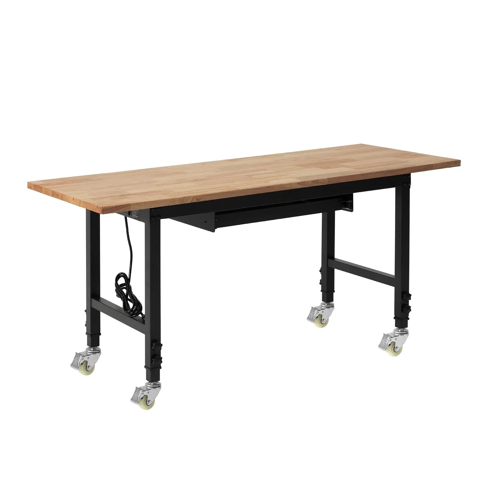 VEVOR Adjustable Workbench on Wheels, 2000 lbs Capacity, 60 x 24 Inch Oak Wood Top Workbench with Drawer & Power Outlets, Heavy-Duty Hardwood Worktable for Garage, Workshop, Home, Office, Commercial 