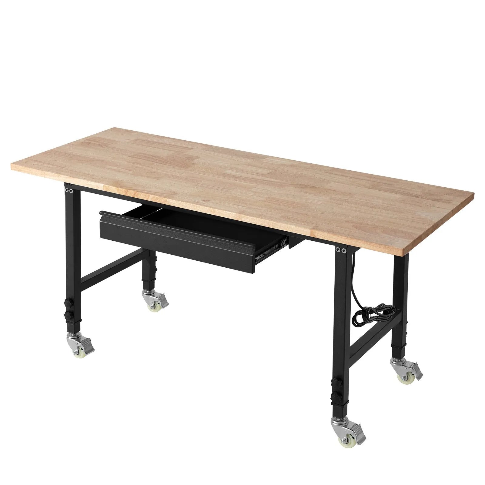 VEVOR Adjustable Workbench on Wheels, 2000 lbs Capacity, 60 x 24 Inch Oak Wood Top Workbench with Drawer & Power Outlets, Heavy-Duty Hardwood Worktable for Garage, Workshop, Home, Office, Commercial 