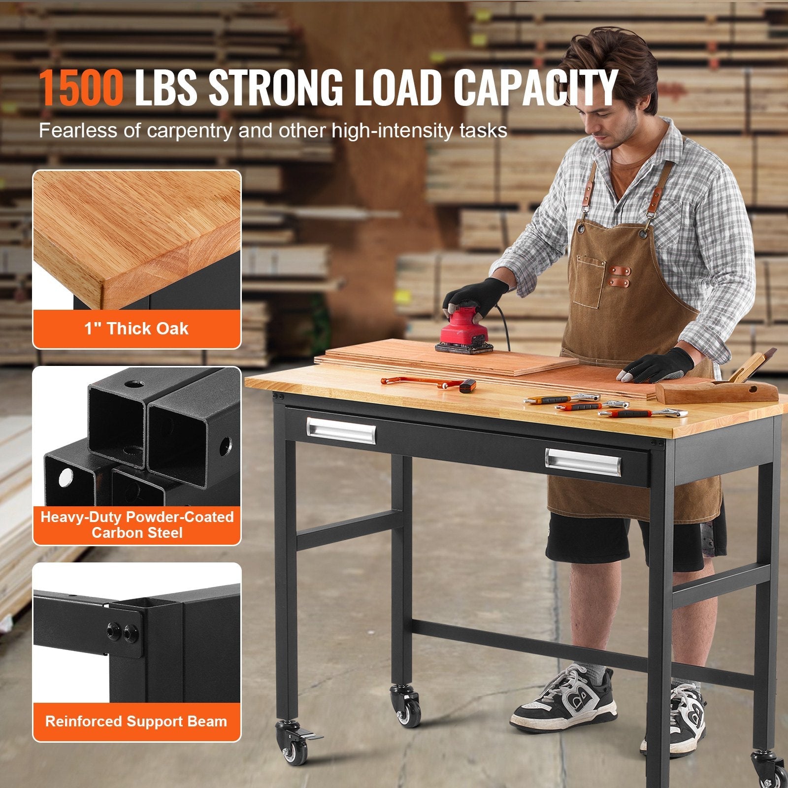 VEVOR 48" Workbench on Wheels Wood Top Work Table with Drawer Organizer 1500 lbs 