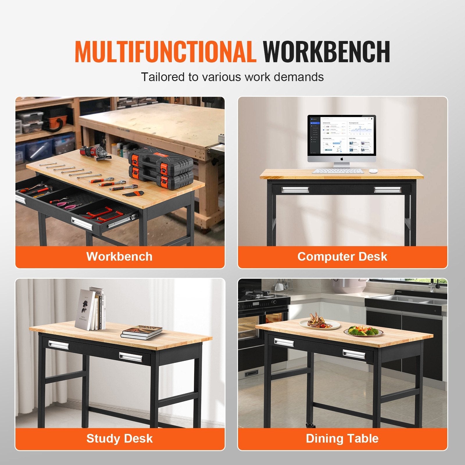 VEVOR 48" Workbench on Wheels Wood Top Work Table with Drawer Organizer 1500 lbs 