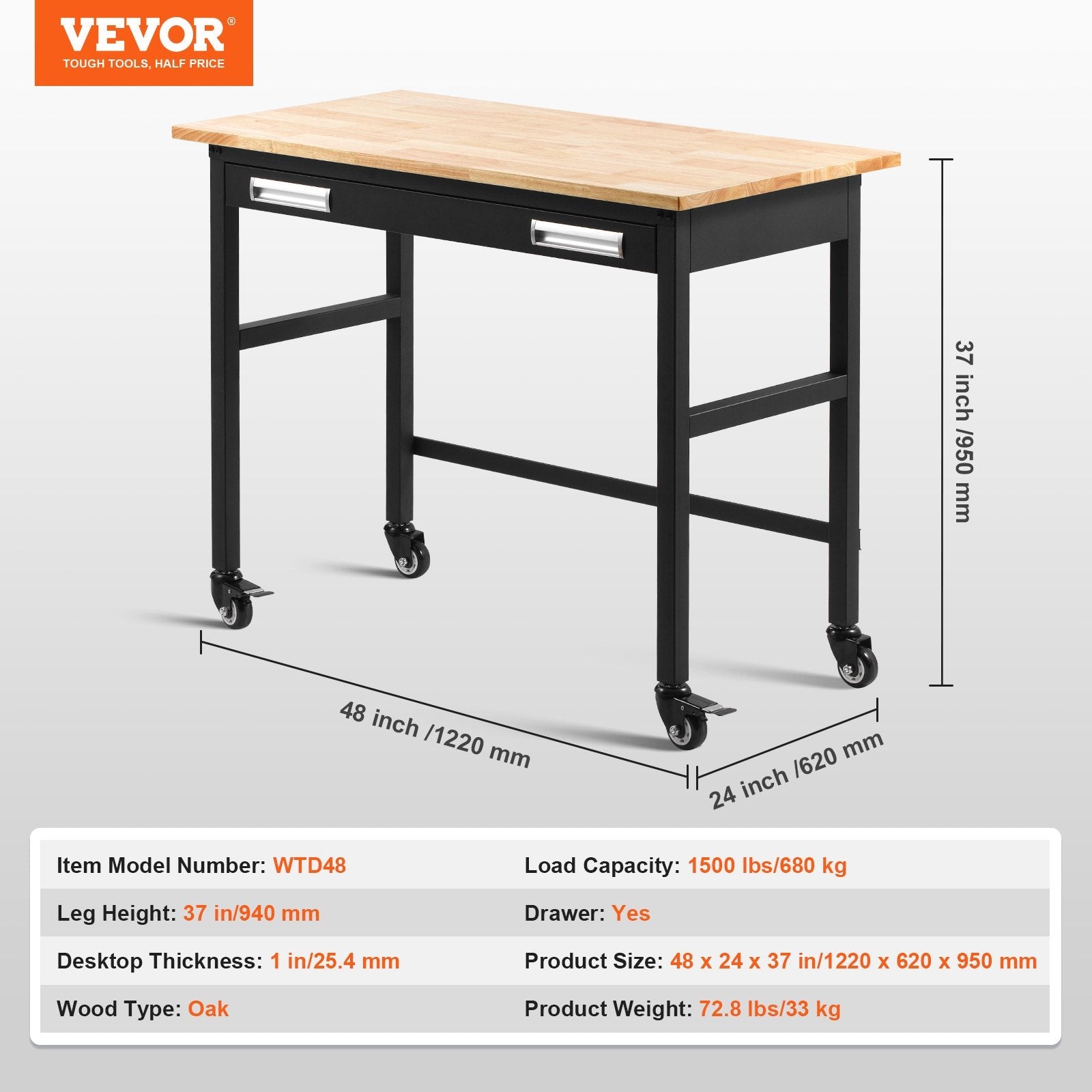 VEVOR 48" Workbench on Wheels Wood Top Work Table with Drawer Organizer 1500 lbs 