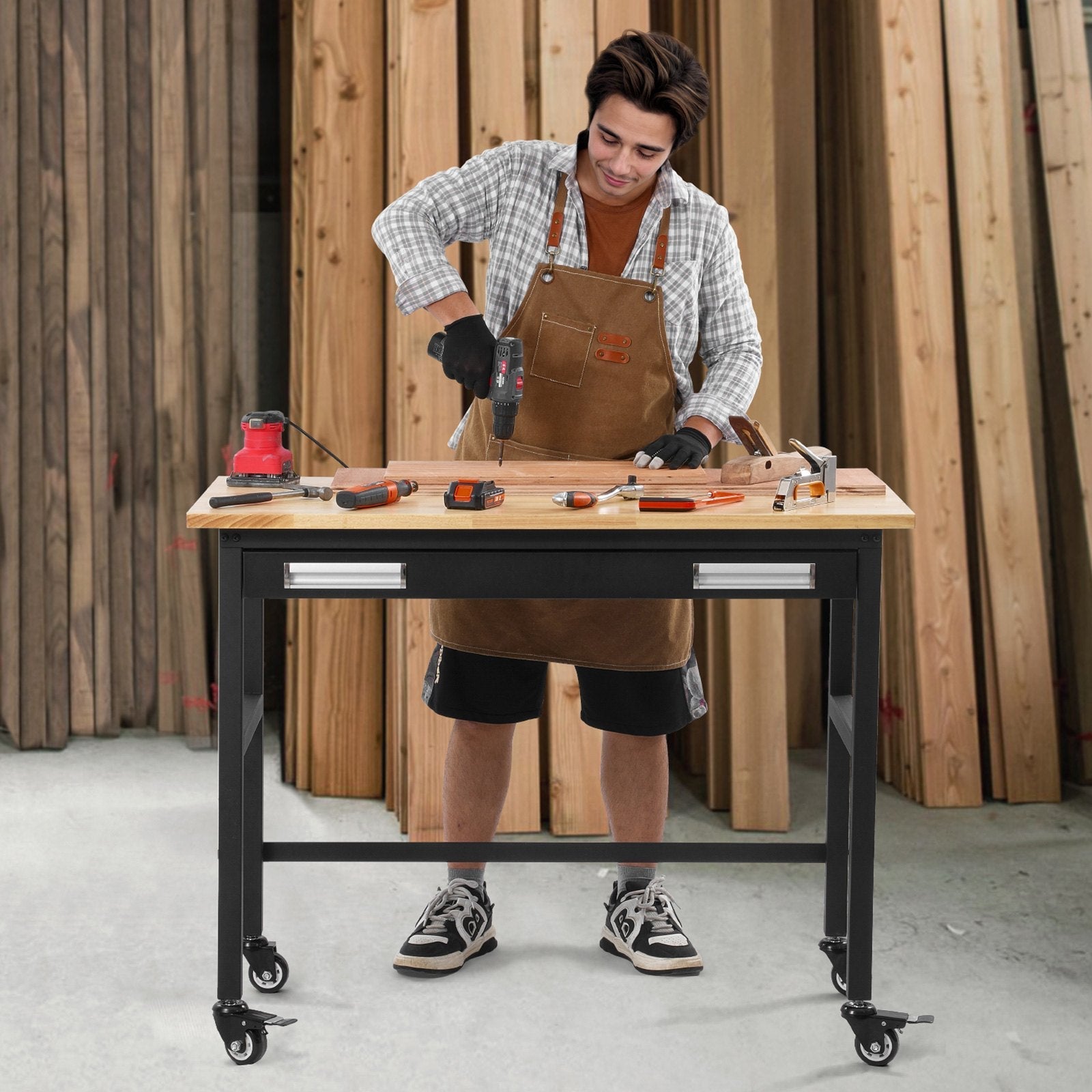 VEVOR 48" Workbench on Wheels Wood Top Work Table with Drawer Organizer 1500 lbs 
