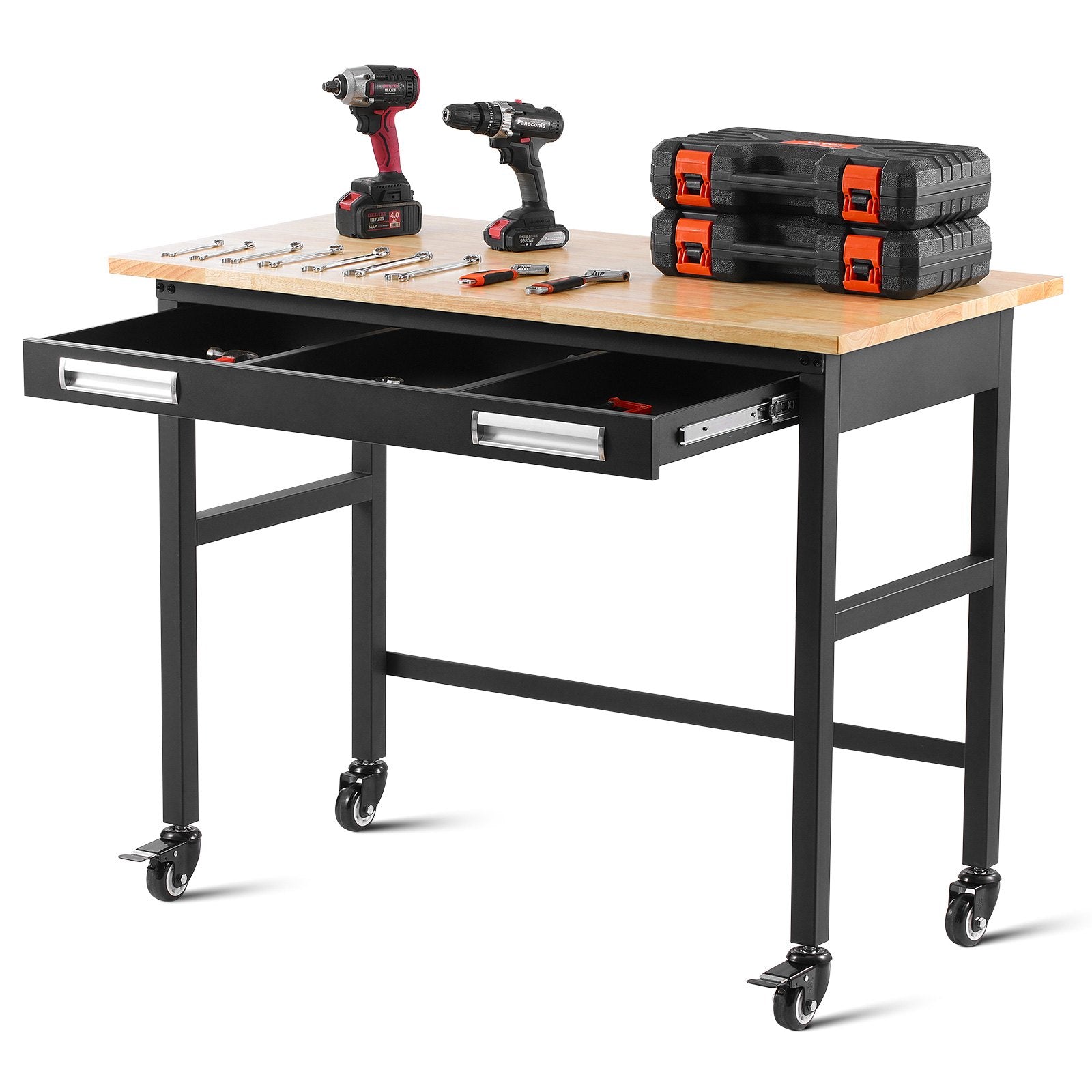 VEVOR 48" Workbench on Wheels Wood Top Work Table with Drawer Organizer 1500 lbs 
