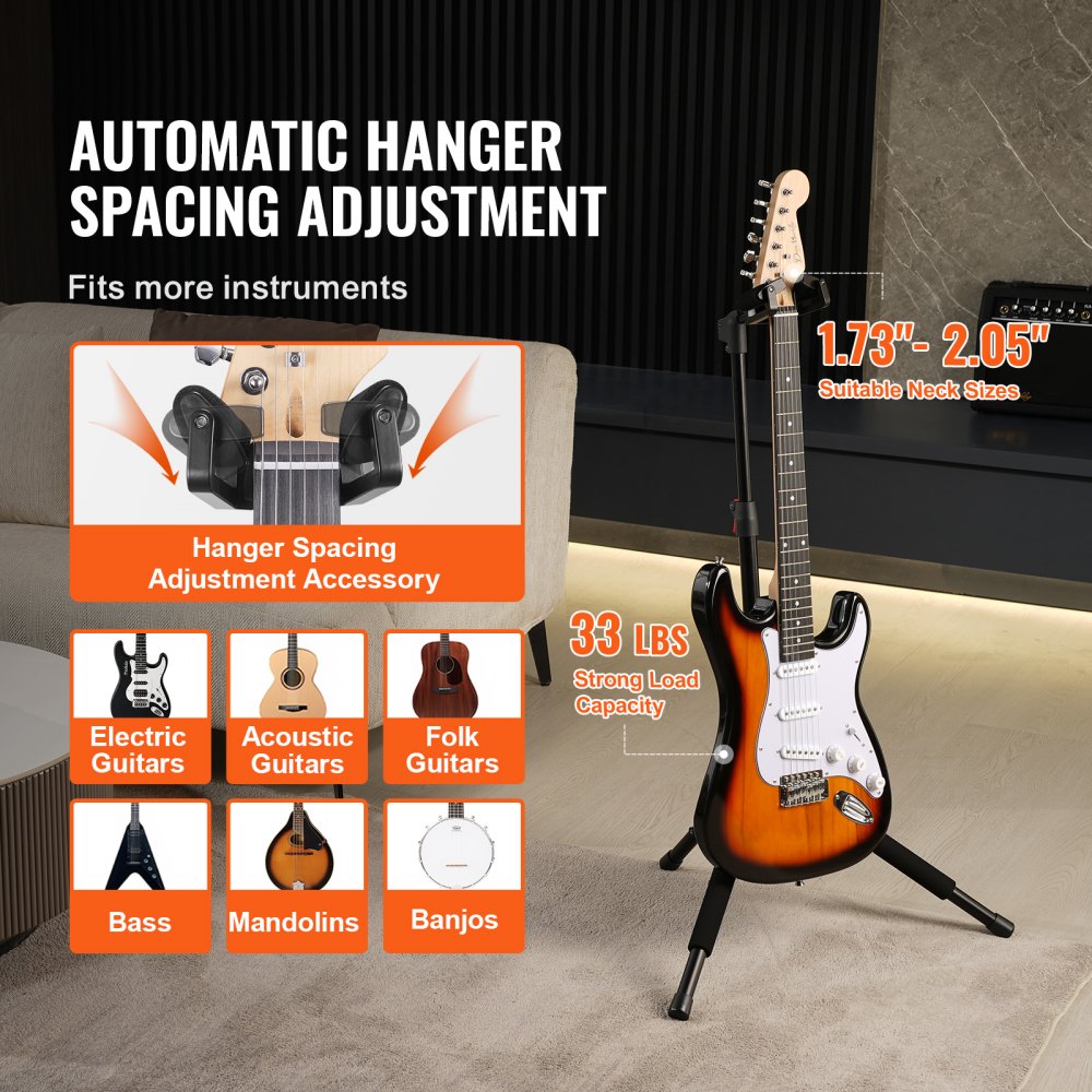 VEVOR Tripod Guitar Stand Floor-Standing Foldable 35.4-47.2 in Adjustable Height 
