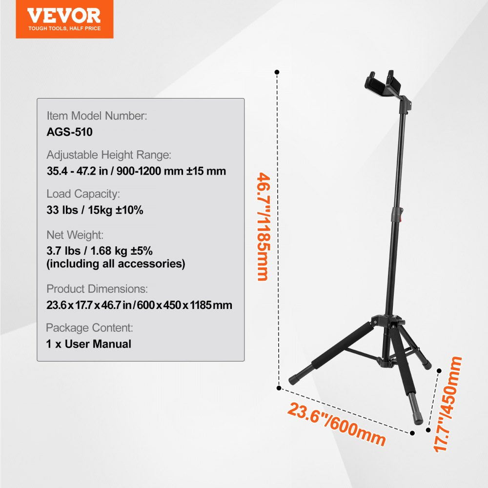 VEVOR Tripod Guitar Stand Floor-Standing Foldable 35.4-47.2 in Adjustable Height 