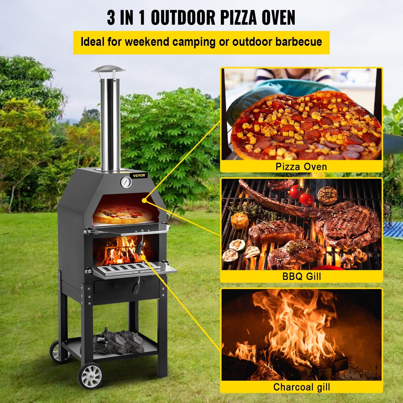 VEVOR Outdoor Pizza Oven, 12\" Wood Fire Oven, 2-Layer Pizza Oven Wood Fired, Wood Burning Outdoor Pizza Oven w/ 2 Removable Wheels, Wood Fired Pizza Maker Ovens w/ 900? Max Temperature for Barbecue 