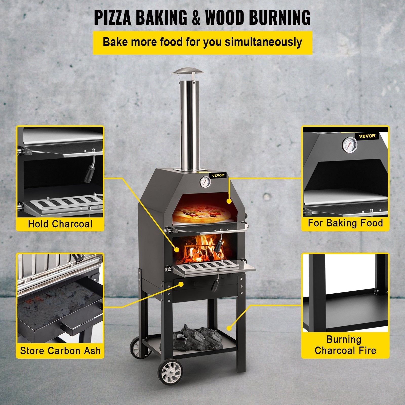 VEVOR Outdoor Pizza Oven, 12\" Wood Fire Oven, 2-Layer Pizza Oven Wood Fired, Wood Burning Outdoor Pizza Oven w/ 2 Removable Wheels, Wood Fired Pizza Maker Ovens w/ 900? Max Temperature for Barbecue 