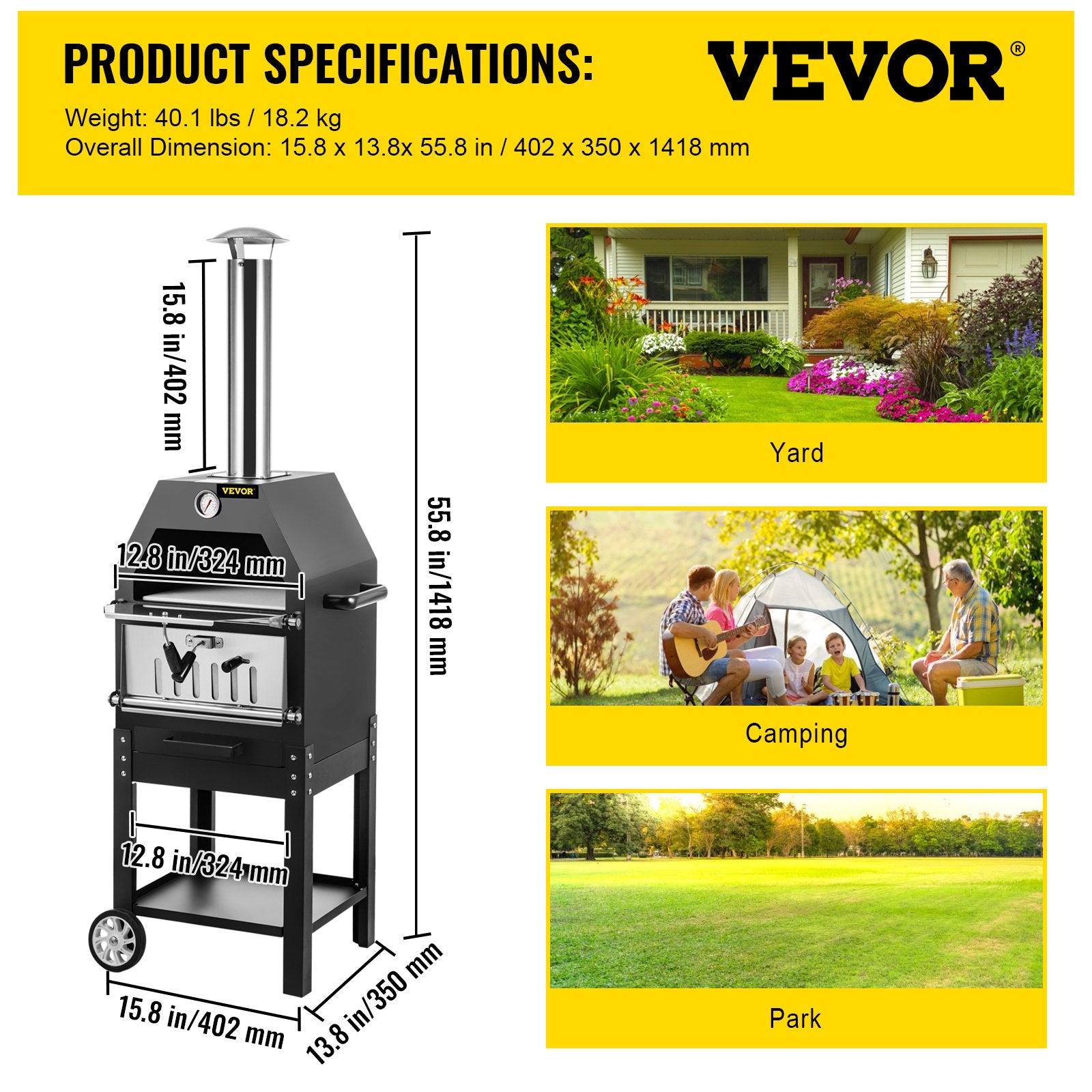 VEVOR Outdoor Pizza Oven, 12\" Wood Fire Oven, 2-Layer Pizza Oven Wood Fired, Wood Burning Outdoor Pizza Oven w/ 2 Removable Wheels, Wood Fired Pizza Maker Ovens w/ 900? Max Temperature for Barbecue 