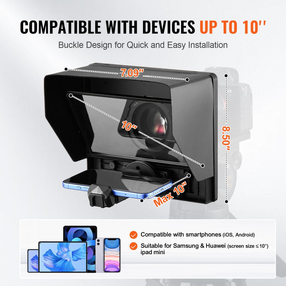 VEVOR 10'' Portable Teleprompter Remote for Webcam Smartphone Live Streaming 