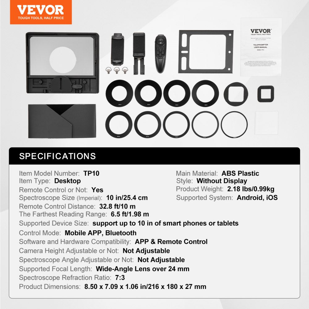 VEVOR 10'' Portable Teleprompter Remote for Webcam Smartphone Live Streaming 