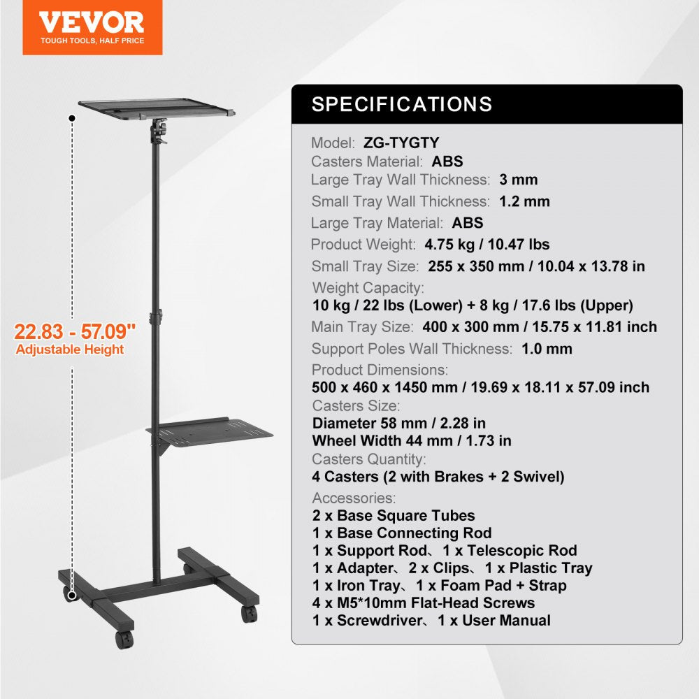VEVOR Projector Stand with Wheels Projector Floor Stand Height from 22.8-57.3" 